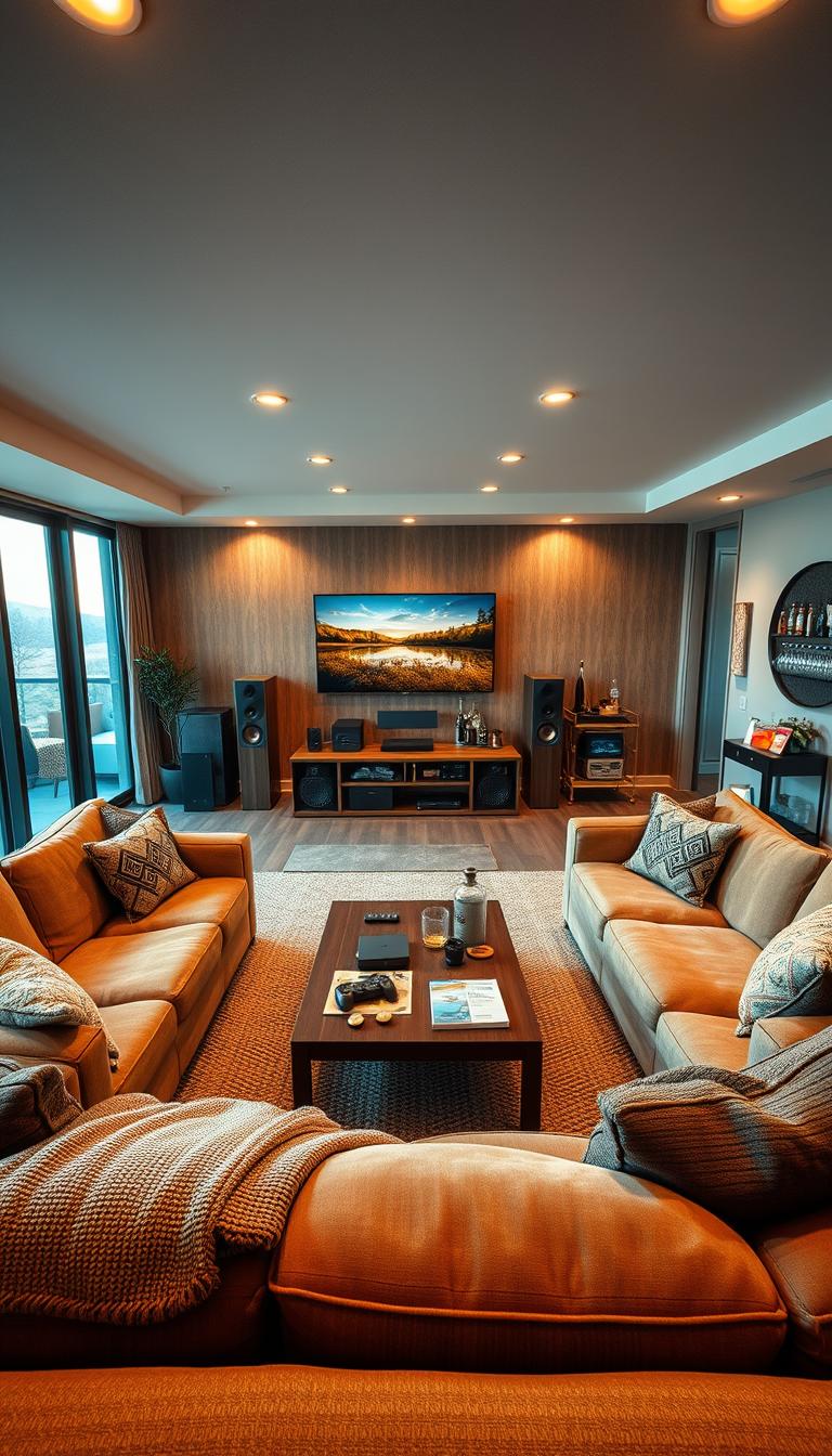A cozy and inviting man cave featuring a spacious layout designed for comfort and relaxation. In the foreground, a large, plush sectional couch adorned with soft throws and pillows invites you to sit down. A stylish coffee table sits in front, scattered with magazines and snacks. The middle ground showcases an entertainment area with a sleek flat-screen TV mounted on the wall, flanked by sound systems and gaming consoles. Overhead, warm, ambient lighting creates a relaxed atmosphere. In the background, a tasteful bar cart with drinks and glasses adds sophistication. Large windows let in natural light while revealing a peaceful outdoor view, enhancing the serene mood of the space. The overall color palette features earth tones and soft textures, emphasizing comfort and style.