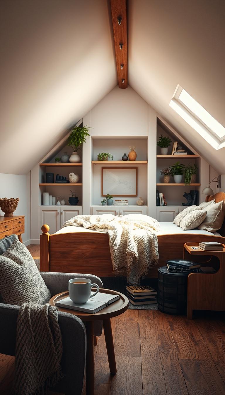 A cozy attic bedroom with a sloping ceiling, featuring a charming wooden bed adorned with soft, fluffy pillows and a warm, knitted throw blanket. In the foreground, an inviting reading nook with a comfortable armchair and a small wooden side table stacked with books and a steaming cup of tea. The middle area showcases stylish, built-in shelves filled with décor and plants, maximizing vertical space. Soft, natural light filters through a dormer window, illuminating the room and creating a serene, tranquil atmosphere. The walls are painted in soft pastels, enhancing the cozy vibe. A rustic wood floor adds warmth, completing the scene with a sense of homey elegance. Photorealistic, high definition, shot from a slightly elevated angle to capture the full dimensions of the space.