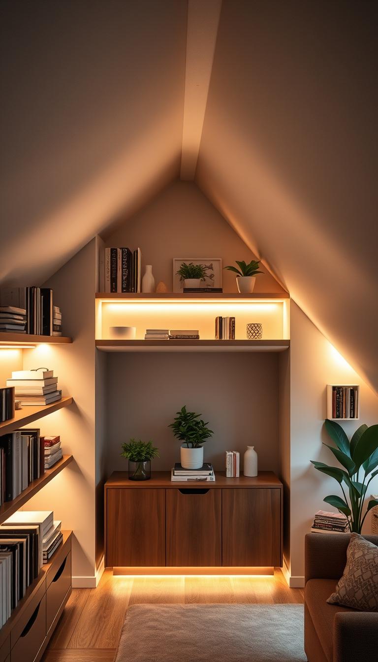 A cozy attic room featuring innovative storage solutions designed for sloping ceilings. In the foreground, sleek built-in shelves filled with neatly organized books, plants, and decorative boxes. The middle layer showcases a stylish, low-profile cabinet under the slope, combining functionality with aesthetics, complemented by minimalist decor. Soft, warm lighting illuminates the space from strategically placed LED strips along the shelves, creating a welcoming atmosphere. In the background, the sloping ceiling is tastefully painted in a light color that enhances the feeling of openness. The scene is captured with a wide-angle lens to emphasize depth, displaying the harmonious blend of beauty and function in this transformed workspace.
