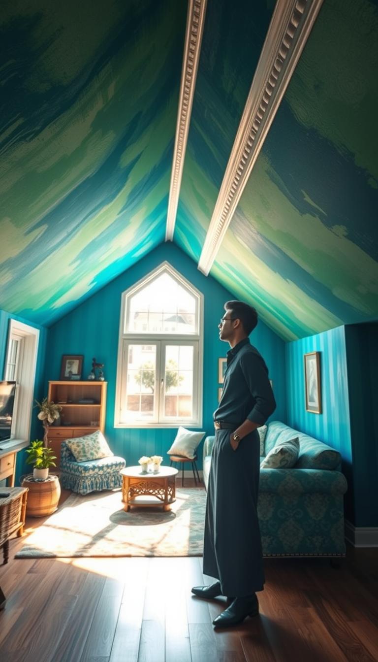 A cozy, beautifully decorated room with sloping ceilings painted in vibrant hues of blue and green, showcasing a technique of color drenching on the walls. The sunlight filters through a large window, casting warm rays that enhance the rich colors. In the foreground, a stylish yet modestly dressed individual examines the wall patterns, portraying a sense of engagement and inspiration. The middle ground features a carefully arranged space with soft furnishings, incorporating textures and patterns that complement the dynamic walls. In the background, a sloped ceiling is accentuated by a decorative molding that emphasizes the angles, creating a harmonious balance of color and design. The atmosphere is inviting and creative, perfect for exploring innovative decor ideas. The image captures photorealistic details in high definition, focusing on color play and spatial solutions.