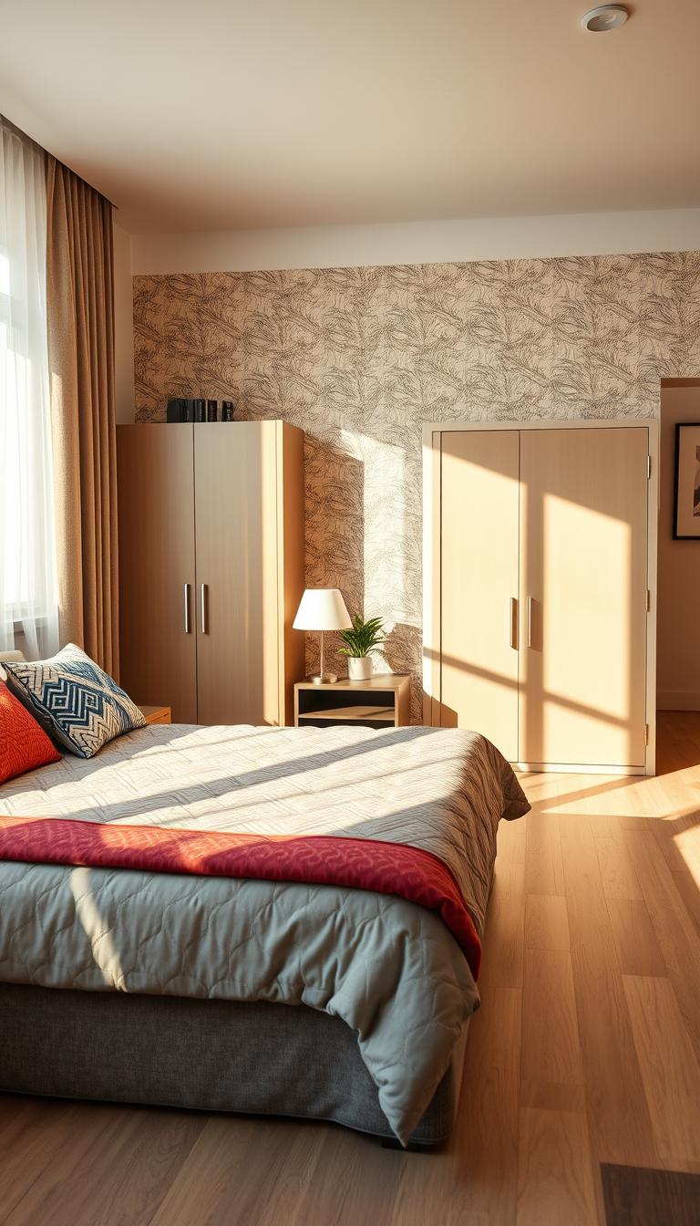 A cozy bedroom designed for adults, featuring a balanced mix of patterns and textures. In the foreground, a plush queen-sized bed with a geometric patterned duvet and vibrant throw pillows invites relaxation. Natural light streams through sheer curtains, casting soft shadows across the light wood floor. The middle ground showcases a stylish nightstand with a modern lamp and a small potted plant, adding a touch of greenery. On the wall behind the bed, an abstract patterned wallpaper brings personality and a sense of place, evoking calmness and style. In the background, a sleek wardrobe and tasteful artwork complete the ambiance. The scene is bright and airy, with a warm color palette that promotes a peaceful atmosphere, captured in high definition.