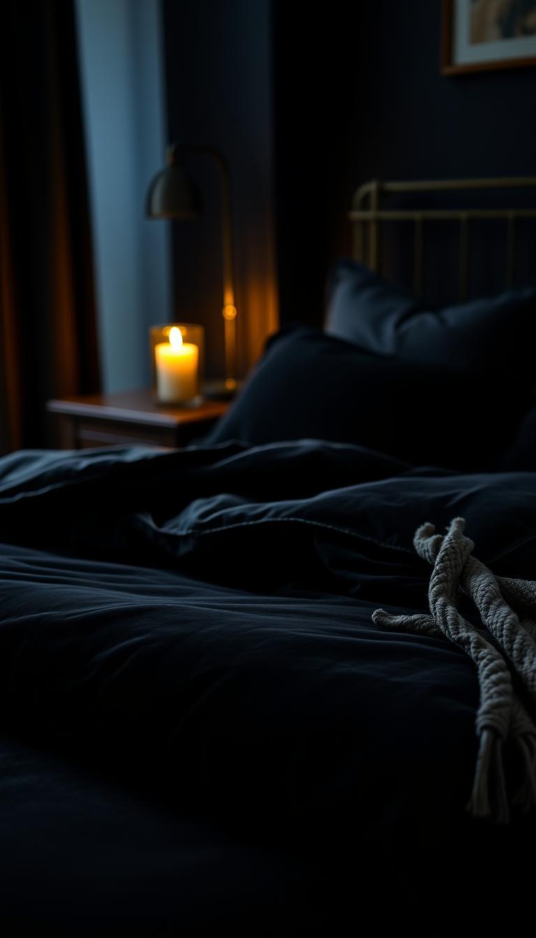 A cozy bedroom scene featuring a luxurious dark bedding ensemble, exquisitely layered with rich textures. In the foreground, a plush, black velvet duvet is artfully folded at the foot of the bed, contrasted by a set of silky charcoal pillows. The middle ground reveals a soft, woven throw blanket draped casually over the side. A nightstand made of dark wood holds a flickering candle, casting warm, golden light that enhances the textures around it. In the background, softly blurred walls in deep navy shade add depth, while a subtle glow from a bedside lamp creates an inviting atmosphere. The overall composition is rich and intimate, captured in high definition with a shallow depth of field, promoting a sense of calm and comfort in a dark-hued sanctuary.