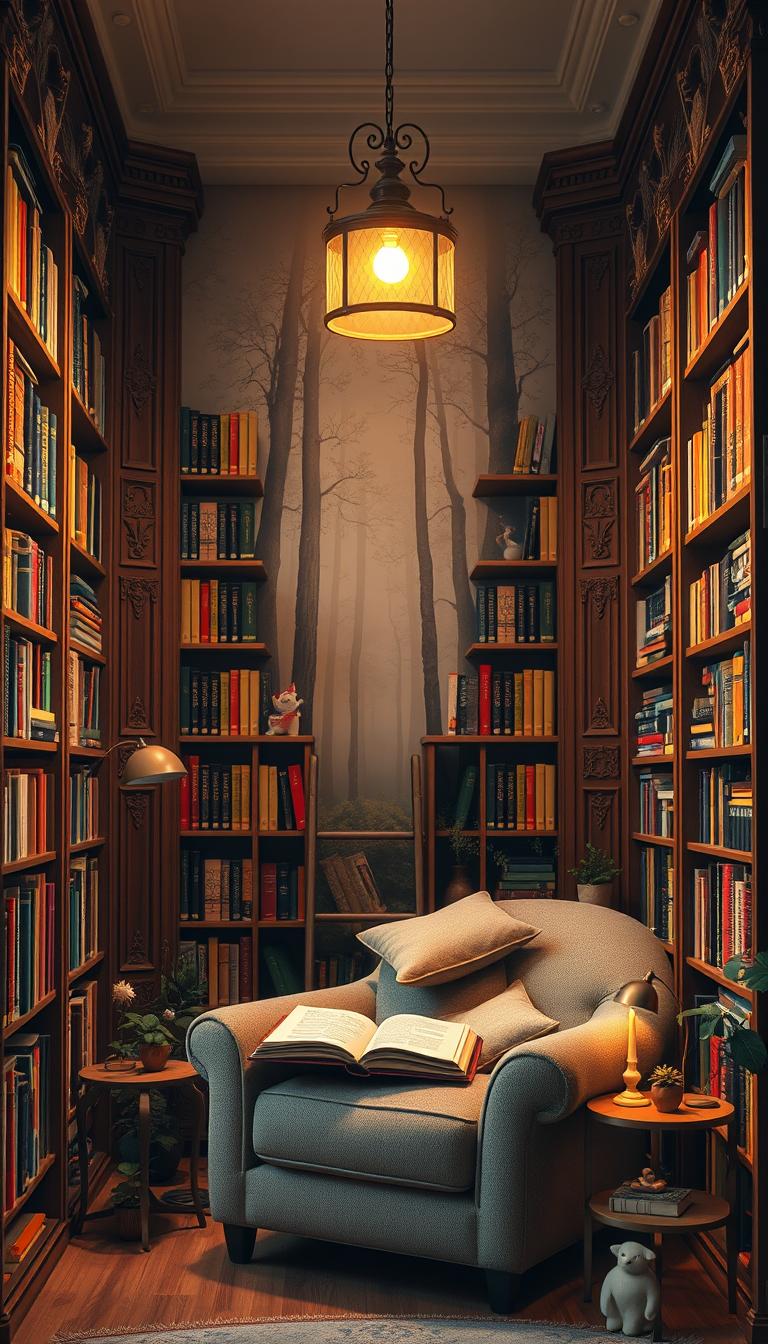 A cozy book nook nestled between two tall, intricately designed wooden bookshelves, filled with an array of colorful, well-organized books. In the foreground, a plush, inviting armchair with soft cushions sits beneath a warm, golden light from a vintage floor lamp. Various whimsical decorations, such as miniature plants and fairy lights, create a magical ambiance, while an open book lies on a small side table. In the middle, an elegant ladder leans against the shelves, offering access to higher books. The background features a softly painted mural of a serene forest scene, enhancing the tranquil atmosphere. The room is bathed in a gentle, diffused light that suggests late afternoon, inviting a sense of peace and comfort. High-resolution, photorealistic rendering with a focus on warm, inviting colors and soft shadows to evoke serenity. A cozy book nook nestled between two tall, intricately designed wooden bookshelves, filled with an array of colorful, well-organized books. In the foreground, a plush, inviting armchair with soft cushions sits beneath a warm, golden light from a vintage floor lamp. Various whimsical decorations, such as miniature plants and fairy lights, create a magical ambiance, while an open book lies on a small side table. In the middle, an elegant ladder leans against the shelves, offering access to higher books. The background features a softly painted mural of a serene forest scene, enhancing the tranquil atmosphere. The room is bathed in a gentle, diffused light that suggests late afternoon, inviting a sense of peace and comfort. High-resolution, photorealistic rendering with a focus on warm, inviting colors and soft shadows to evoke serenity.
