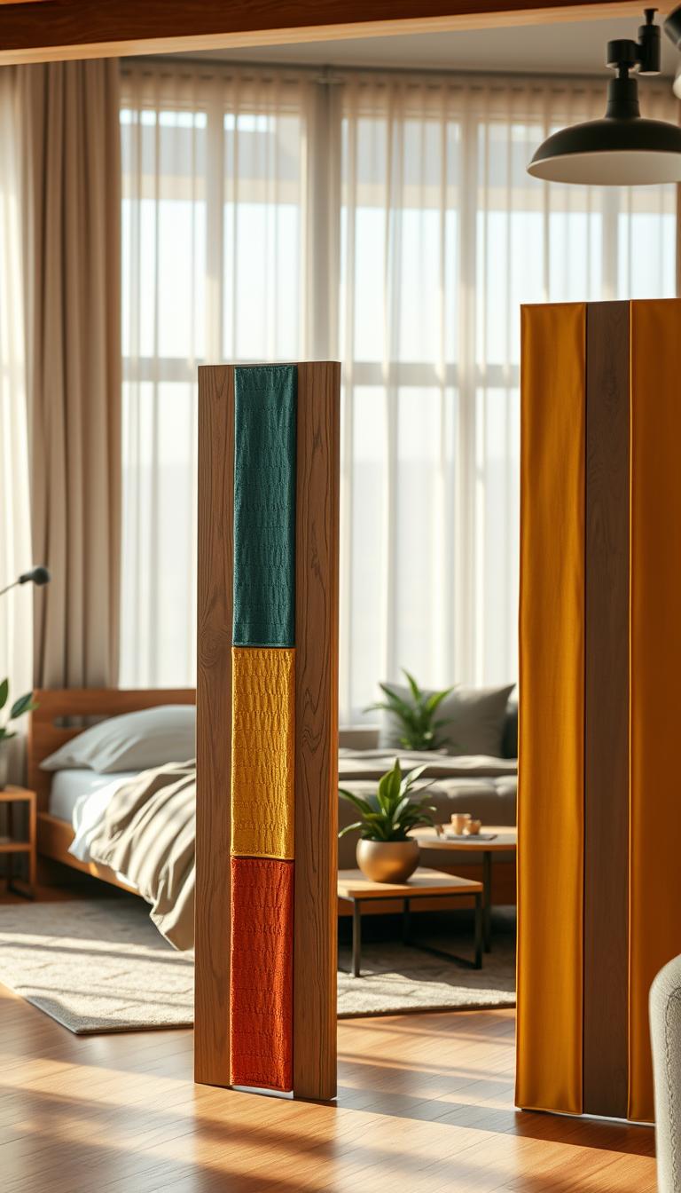 A cozy, budget-friendly living room with a stylish divider made from reclaimed wood and colorful fabric panels. In the foreground, showcase the unique divider standing elegantly, allowing partial visibility of a comfortable bed nestled in the living space. The middle section includes inviting furniture like a plush sofa and a small coffee table with decorative plants, creating a warm atmosphere. In the background, soft natural light filters through a large window, illuminating the room with a gentle glow. This scene captures a harmonious and inviting space, perfect for relaxation. Photorealistic with high definition, shot from a slight angle to emphasize depth, evoking a sense of comfort and creativity in home decor.