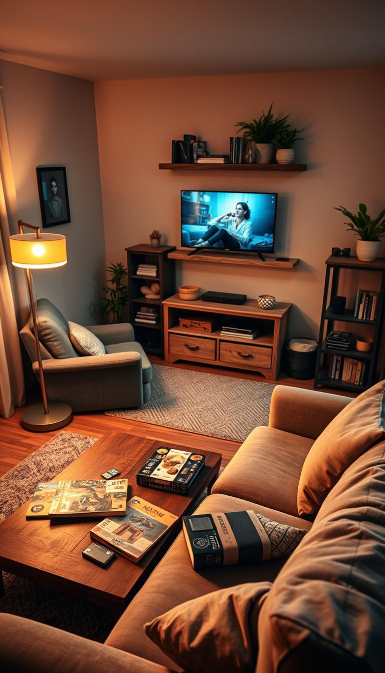 A cozy budget man cave showcasing an inviting atmosphere, featuring a plush, budget-friendly couch in soft gray fabric. In the foreground, a coffee table laden with board games and a few magazines sits beside a glowing floor lamp, casting warm light. The middle ground reveals a well-organized entertainment area with a television mounted on a rustic wooden shelf, snacks in bowls nearby. In the background, a small bookshelf filled with books and decor adds character, while a pop of greenery from potted plants softens the space. The lighting is soft and warm, giving a relaxed vibe, as the angle captures an inviting corner of the room from slightly above, emphasizing comfort and affordability.