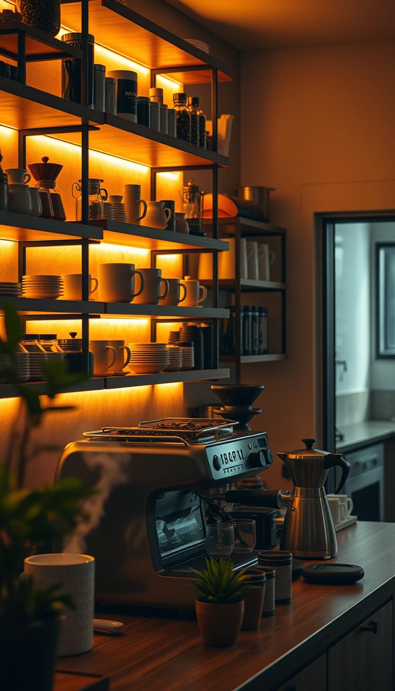 A cozy coffee bar scene featuring backlit shelves filled with an assortment of coffee beans, artisanal mugs, and brewing equipment. The warm glow from the backlighting creates a soft, inviting atmosphere, highlighting the rich textures of the wood shelves. In the foreground, a sleek espresso machine sits invitingly, with steam rising from its spout, while a few potted plants add a touch of greenery. The middle ground reveals the shelves stacked with beautifully arranged coffee accessories, all bathed in golden light that enhances the calming mood of the space. In the background, a soft-focus view of a minimalist kitchen complements the serene ambiance. The scene is captured with a subtle angle, emphasizing depth and warmth, evoking a sense of tranquility and a perfect start to the day. High-definition, photorealistic visuals.