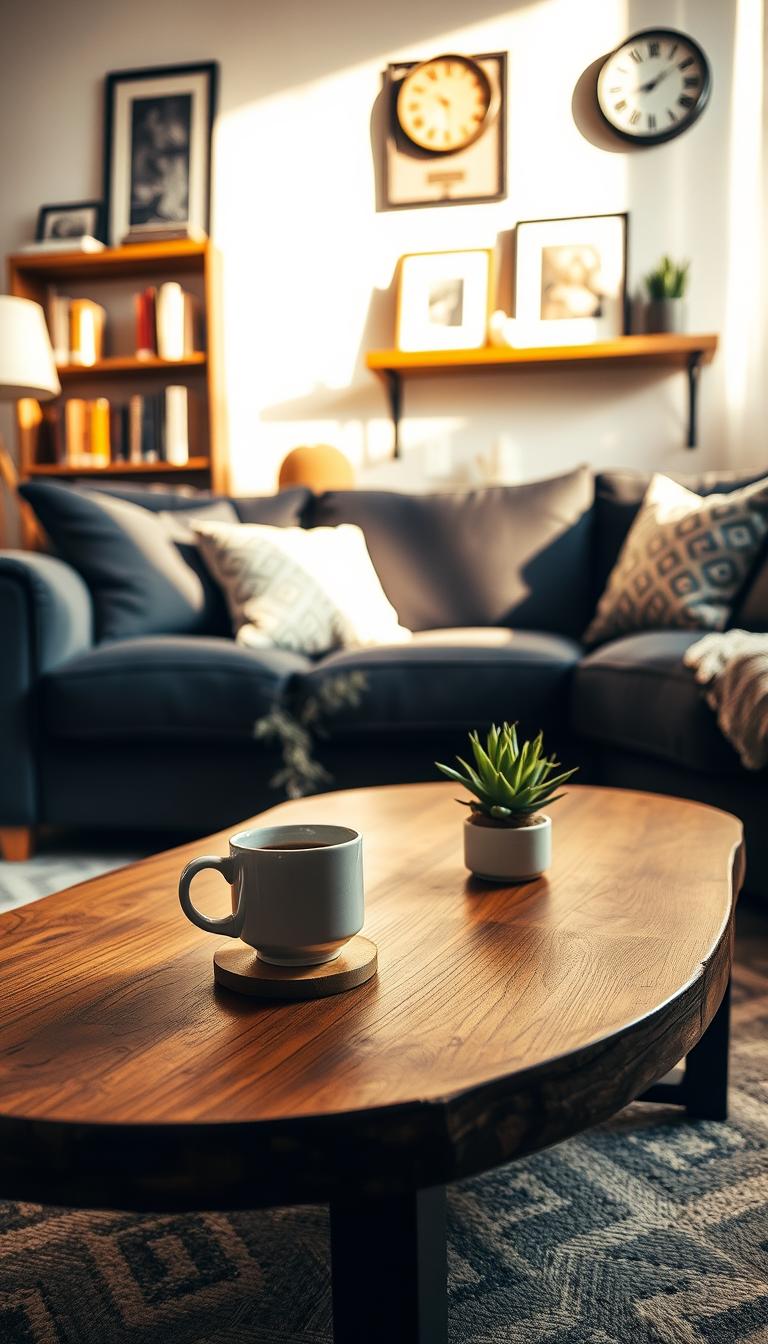 A cozy coffee table centerpiece in a stylish man cave setting. The foreground features a low-profile wooden coffee table with a rustic finish, adorned with a set of neatly arranged coasters, a steaming cup of coffee in a modern ceramic mug, and a small potted succulent for a touch of greenery. In the middle ground, a plush L-shaped couch upholstered in deep navy fabric invites relaxation, with plush throw pillows adding comfort. In the background, a softly lit wall-mounted shelf displays books, framed art, and a vintage clock, creating a warm atmosphere. The lighting is warm and inviting, reminiscent of late afternoon sun filtering through sheer curtains, casting gentle shadows. Capture this scene with a slight overhead angle for a dynamic perspective, emphasizing the cozy ambiance.