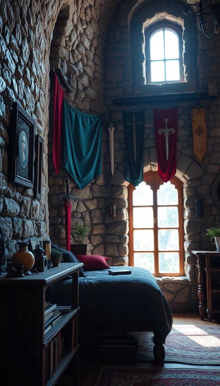 A cozy fantasy bedroom featuring a richly textured stone wall adorned with vintage banners and swords, creating a striking statement decor. In the foreground, a rustic wooden shelf displays various vintage trinkets and a small, potted plant, adding a warm touch. The middle ground showcases the stone wall, where colorful banners cascade down, reflecting soft hues of deep blue and burgundy, while swords with ornate designs are elegantly mounted. The background consists of a softly lit window, filtering gentle daylight that casts a serene glow across the room. The overall atmosphere should evoke a sense of tranquility and inspiration, perfect for a serene escape. The image should be photorealistic, with high definition and depth of field to highlight the intricate details. A cozy fantasy bedroom featuring a richly textured stone wall adorned with vintage banners and swords, creating a striking statement decor. In the foreground, a rustic wooden shelf displays various vintage trinkets and a small, potted plant, adding a warm touch. The middle ground showcases the stone wall, where colorful banners cascade down, reflecting soft hues of deep blue and burgundy, while swords with ornate designs are elegantly mounted. The background consists of a softly lit window, filtering gentle daylight that casts a serene glow across the room. The overall atmosphere should evoke a sense of tranquility and inspiration, perfect for a serene escape. The image should be photorealistic, with high definition and depth of field to highlight the intricate details.