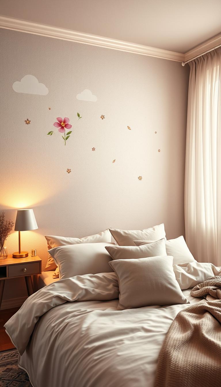 A cozy fantasy bedroom featuring a softly textured wall adorned with whimsical removable wall stickers of delicate florals and serene clouds. In the foreground, a stylish bed with plush, layered bedding invites relaxation, complemented by a chic bedside table with a gentle lamp casting warm light. The middle ground showcases an arrangement of soft pillows and a throw blanket, adding to the inviting atmosphere. In the background, the setting is enhanced by flowing sheer curtains gently billowing from a window, letting in soft, diffused natural light. The overall mood is tranquil and serene, perfect for a restful retreat, captured in vibrant, photorealistic detail, emphasizing the clever use of wall decor to enhance the space. The image should have a balanced composition with an inviting perspective that draws the viewer in. A cozy fantasy bedroom featuring a softly textured wall adorned with whimsical removable wall stickers of delicate florals and serene clouds. In the foreground, a stylish bed with plush, layered bedding invites relaxation, complemented by a chic bedside table with a gentle lamp casting warm light. The middle ground showcases an arrangement of soft pillows and a throw blanket, adding to the inviting atmosphere. In the background, the setting is enhanced by flowing sheer curtains gently billowing from a window, letting in soft, diffused natural light. The overall mood is tranquil and serene, perfect for a restful retreat, captured in vibrant, photorealistic detail, emphasizing the clever use of wall decor to enhance the space. The image should have a balanced composition with an inviting perspective that draws the viewer in.