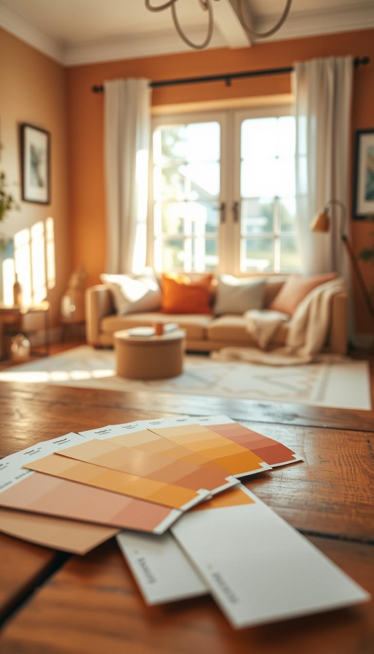 A cozy interior room showcasing the warm paint colors of peach, soft terracotta, and buttery yellow. In the foreground, a close-up view of a color palette and paint swatches spread across a wooden table, highlighting various undertones like pink, gold, and beige. The middle ground features a freshly painted wall in an inviting warm hue, complemented by stylish decor items like cushions and a throw blanket in coordinating colors. The background includes a softly lit window allowing warm natural light to flood the space, casting gentle shadows that enhance the warm atmosphere. The overall mood is inviting and serene, evoking a sense of comfort and confidence in choosing paint colors. Photorealistic quality with vibrant details and soft focus on the surroundings.