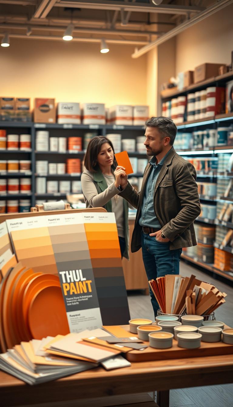 A cozy interior scene showcasing a well-lit paint sampling area inside a home improvement store. In the foreground, a beautifully arranged display of warm paint swatches in shades of soft beige, terracotta, and muted yellow is surrounded by a wooden table with a paint color guide and sample pots. In the middle, an attentive customer in smart casual clothing holds a swatch up to a wall, contemplating the color choice. The background features shelves stocked with various paint supplies, illuminated by soft, warm lighting that enhances the inviting atmosphere. Capture the moment from a slightly angled viewpoint, emphasizing the blending of colors and textures to evoke a sense of warmth and comfort, perfect for a cozy home.