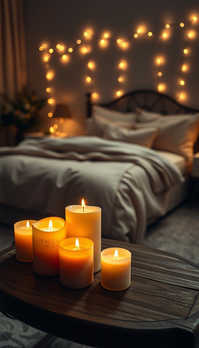 A cozy, intimate atmosphere featuring an arrangement of scented candles on a rustic wooden table in the foreground. Each candle is uniquely shaped with intricate designs, casting a soft, warm glow in hues of amber and soft white. The middle ground shows a plush, elegantly made bed with soft pastels and delicate pillows, creating a serene focal point. In the background, gentle fairy lights are draped along a wall, adding a magical touch. Soft shadows play across the room, illuminated by the flickering candlelight. The whole scene is captured with a soft-focus lens, enhancing the dreamy quality. Overall, the mood is tranquil and inviting, perfect for fostering serenity in a fantasy bedroom setting. A cozy, intimate atmosphere featuring an arrangement of scented candles on a rustic wooden table in the foreground. Each candle is uniquely shaped with intricate designs, casting a soft, warm glow in hues of amber and soft white. The middle ground shows a plush, elegantly made bed with soft pastels and delicate pillows, creating a serene focal point. In the background, gentle fairy lights are draped along a wall, adding a magical touch. Soft shadows play across the room, illuminated by the flickering candlelight. The whole scene is captured with a soft-focus lens, enhancing the dreamy quality. Overall, the mood is tranquil and inviting, perfect for fostering serenity in a fantasy bedroom setting.
