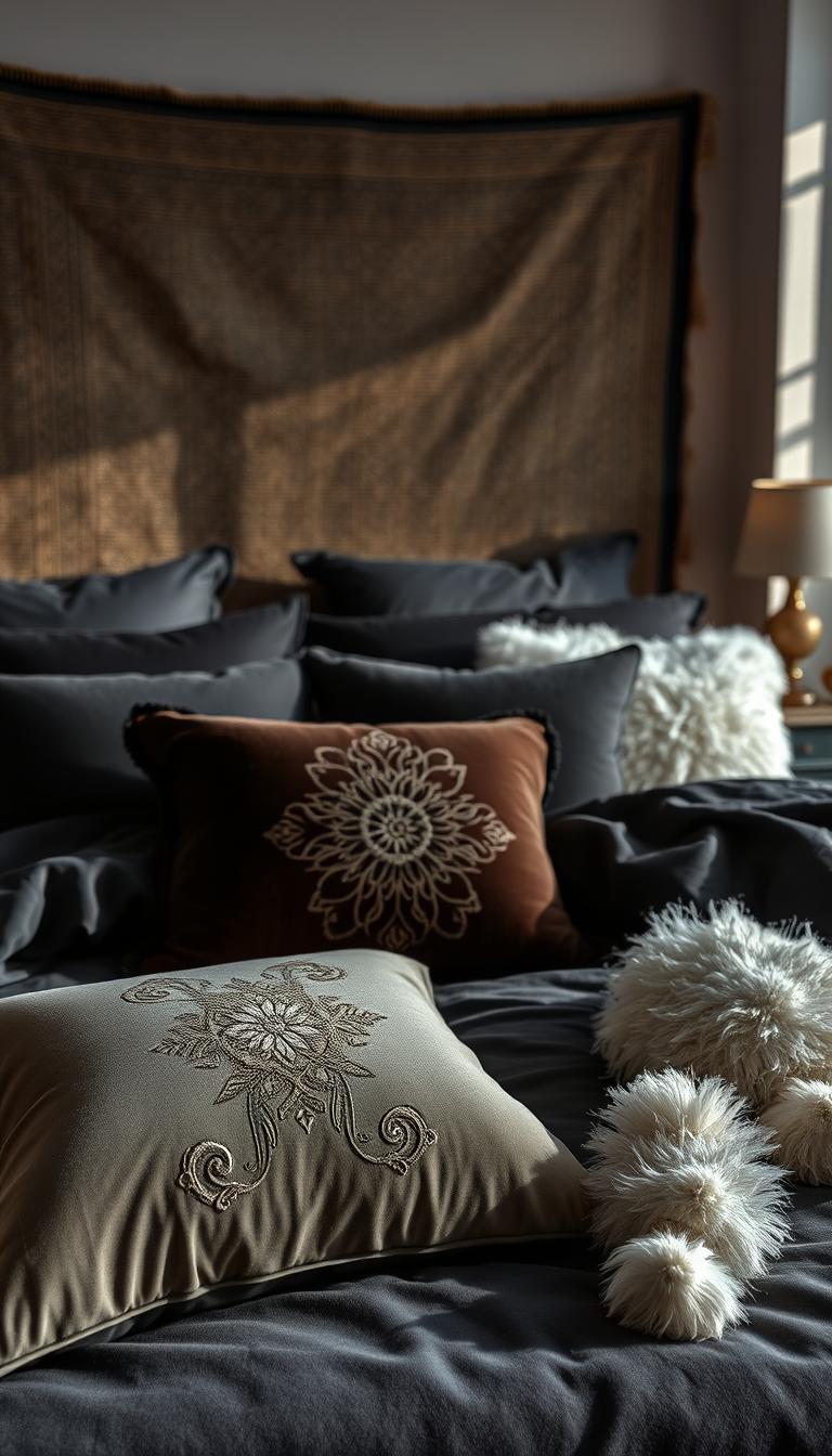 A cozy, inviting bedroom scene featuring an assortment of elegant pillows in various textures and sizes. In the foreground, a plush velvet pillow with intricate embroidery lies casually on a luxurious dark bedding set. Fluffy white and deep charcoal pillows are artfully scattered around, providing a high-contrast visual. In the middle ground, a textured tapestry hangs on the wall, harmonizing with the dark color scheme, while subtle lighting casts soft shadows, creating a warm ambiance. The background reveals a beautifully decorated nightstand with a small lamp, enhancing the serene atmosphere. The image captures a sense of comfort and sophistication, ideal for transforming a bedroom space. Aim for a photorealistic style with high definition, focusing on rich details and warm tones.