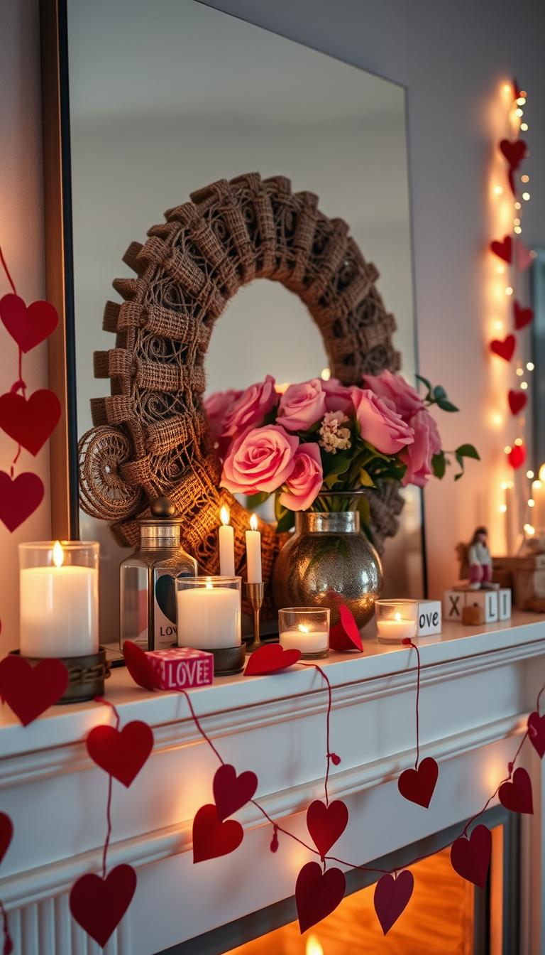 A cozy, inviting mantel decorated for Valentine's Day, showcasing a blend of budget-friendly DIY decor. In the foreground, a handmade garland of red and pink hearts drapes elegantly across the mantel, interspersed with flickering LED candles in rustic holders, casting a warm glow. In the middle, a chic, upcycled vase filled with fresh roses and eucalyptus adds a touch of natural beauty, alongside artisanal love-themed crafts like painted wooden blocks and cute figurines. In the background, soft fairy lights twinkle, creating a dreamy atmosphere. The scene is bathed in soft, diffused lighting, shot from a slightly angled perspective to capture depth, emphasizing the inviting mood for a romantic celebration. High-definition photorealism enhances the textures and colors, inviting viewers to feel the warmth of the space.