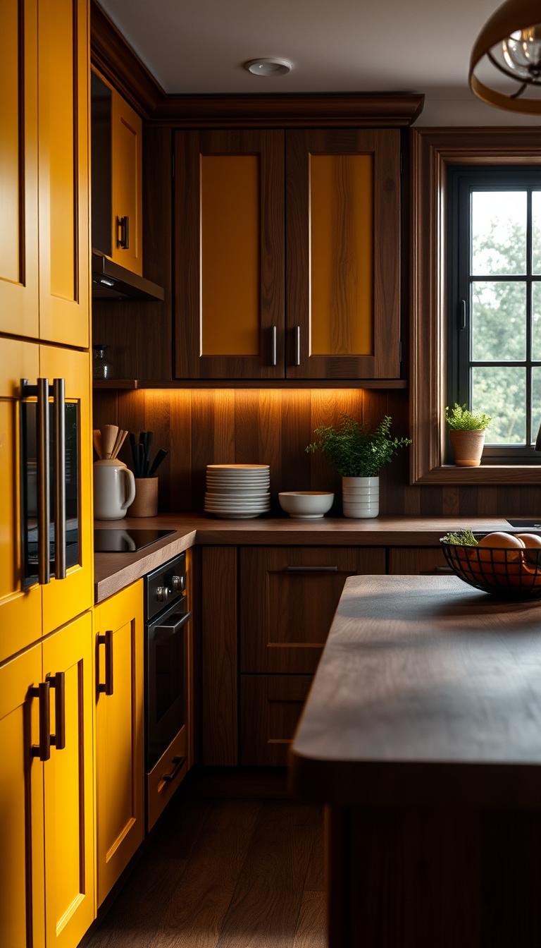 A cozy kitchen featuring two-tone cabinetry in rich mustard yellow and deep brown wood tones. In the foreground, the cabinets showcase an elegant combination of matte mustard doors and dark, polished walnut handles, reflecting warmth and sophistication. The middle ground consists of a textured wooden countertop, displaying an array of natural elements, like herbs and ceramic dishware, harmonizing with the cabinetry. In the background, soft, diffused lighting enhances the earthy colors, creating a moody atmosphere, while a window allows natural light to gently illuminate the scene. The shot is captured from a slightly elevated angle, providing a dynamic view of this inviting space that embodies comfort and modern design. The overall mood is warm, rich, and inviting, perfect for a stylish yet functional kitchen.