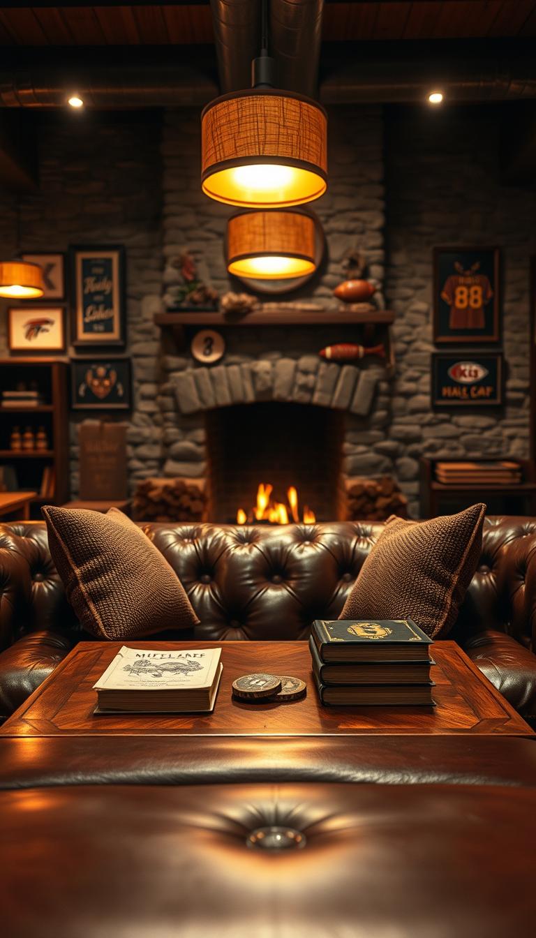 A cozy leather man cave interior featuring a large, plush leather sofa in deep brown tones, positioned at the forefront. The sofa is adorned with a couple of textured throw pillows, inviting relaxation. In the middle ground, a polished wooden coffee table holds a few neatly arranged books and a couple of vintage coasters, enhancing the warmth of the space. The background reveals a stone fireplace with gentle flames flickering, casting a soft glow across the room. The atmosphere is intimate and inviting, enhanced by warm ambient lighting from stylish pendant lamps. The walls are adorned with framed vintage sports memorabilia and rustic decor, creating a lived-in, personal touch. The image captures this serene space from a slightly tilted angle, emphasizing the depth and comfort, in high-definition photorealism.