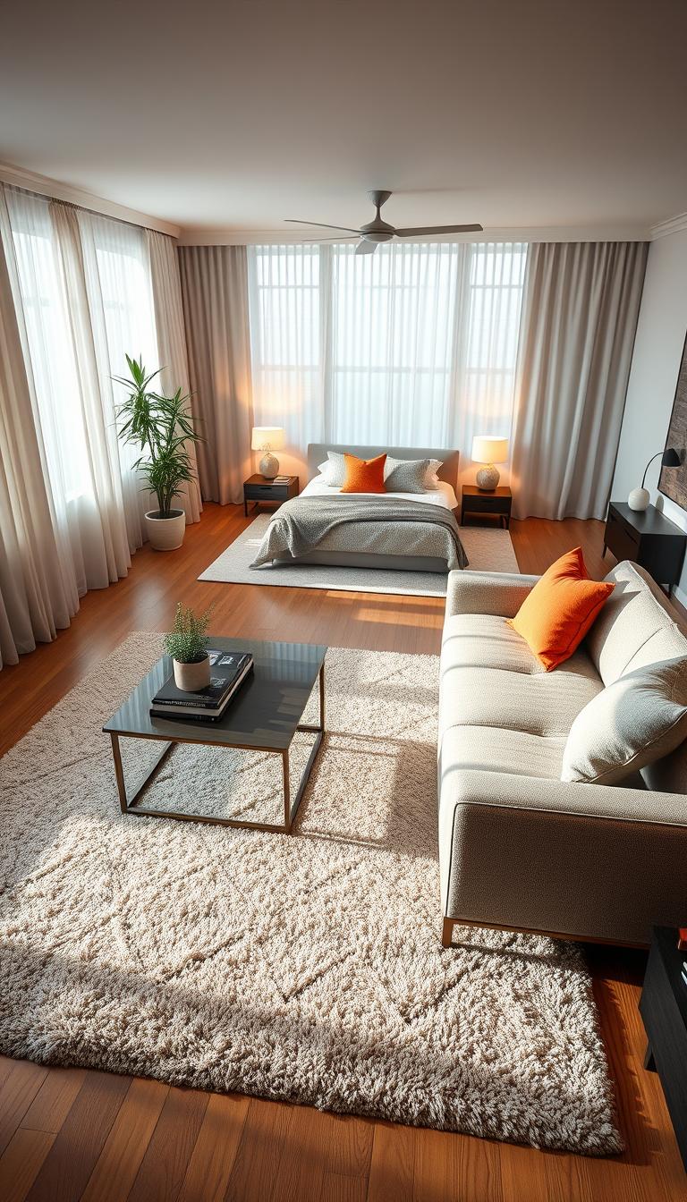 A cozy living area seamlessly transitioning into a serene bedroom, showcasing style cohesion. In the foreground, a plush, neutral-toned area rug lies under a modern sectional sofa adorned with colorful accent pillows. A sleek coffee table sits with a small potted plant and art books. The middle ground features a stylish, well-lit bedroom nook with a neatly made bed dressed in soft linens, echoing the sofa's color palette. A subtle table lamp stands on a nightstand, providing warm light. The background reveals large windows with sheer curtains, allowing soft, natural light to flood in, enhancing the peaceful atmosphere. Use a wide-angle lens perspective to capture the layout, ensuring a photorealistic, high-definition quality. The overall mood is inviting and harmonious, perfect for a combined living and sleeping space.