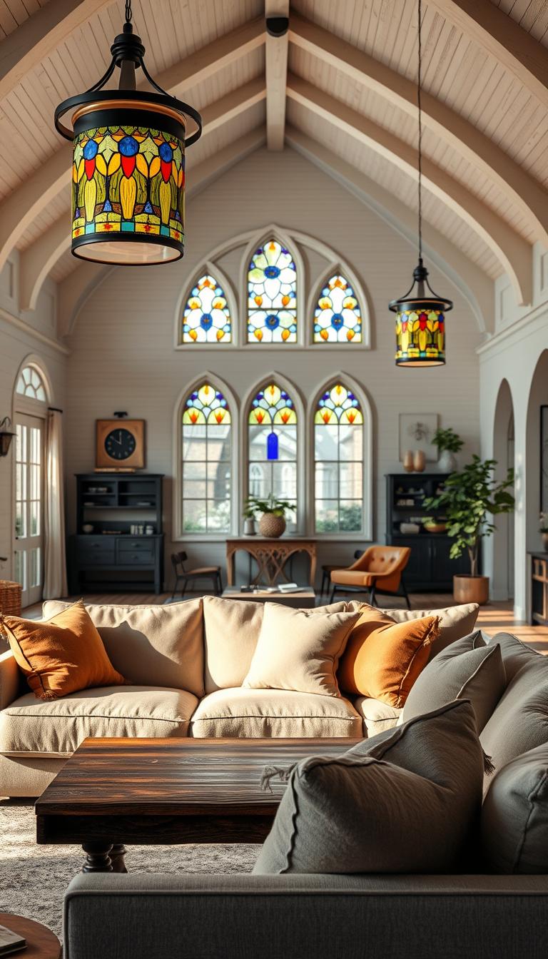 A cozy living area within a converted church home, showcasing the balance between a spacious great room and intimate seating areas. In the foreground, a plush sectional sofa adorned with soft, earthy-toned pillows invites relaxation, accompanied by a rustic wooden coffee table. The middle ground features warm, ambient lighting from stylish pendant fixtures that mimic stained glass windows, casting colorful patterns on the whitewashed walls. In the background, arched windows allow natural light to pour in, illuminating a blend of modern and vintage decor. A subtle indoor plant adds a touch of greenery, enhancing the nurturing atmosphere. The scene is captured with a soft-focus lens, evoking a serene and welcoming mood, perfect for both social gatherings and quiet moments of reflection. High definition, photorealistic style. A cozy living area within a converted church home, showcasing the balance between a spacious great room and intimate seating areas. In the foreground, a plush sectional sofa adorned with soft, earthy-toned pillows invites relaxation, accompanied by a rustic wooden coffee table. The middle ground features warm, ambient lighting from stylish pendant fixtures that mimic stained glass windows, casting colorful patterns on the whitewashed walls. In the background, arched windows allow natural light to pour in, illuminating a blend of modern and vintage decor. A subtle indoor plant adds a touch of greenery, enhancing the nurturing atmosphere. The scene is captured with a soft-focus lens, evoking a serene and welcoming mood, perfect for both social gatherings and quiet moments of reflection. High definition, photorealistic style.