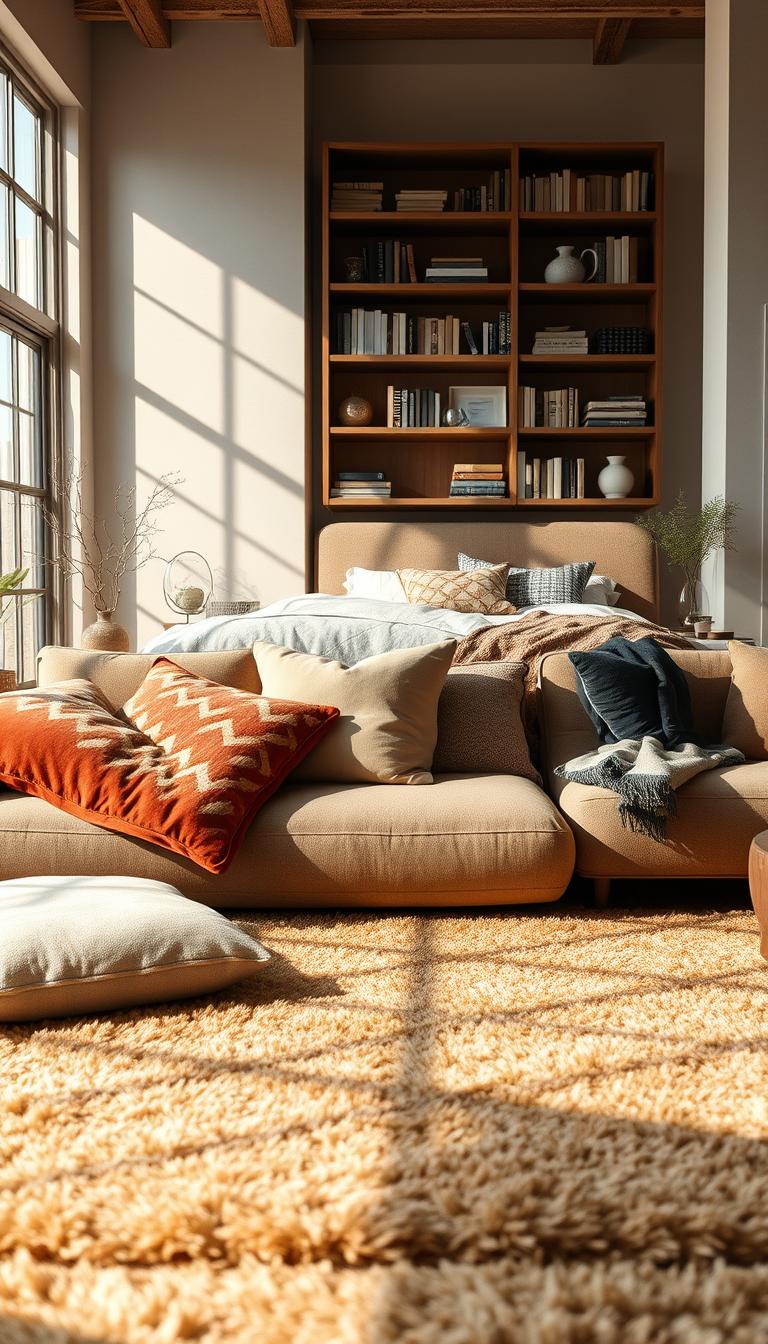 A cozy living room and bedroom combination, seamlessly blending textiles for a harmonious look. In the foreground, a soft, richly textured area rug in warm tones invites touch. A plush sofa adorned with layered throw pillows of varying fabrics—velvet, wool, and linen—creates a welcoming atmosphere. In the middle ground, a stylish bed with a luxurious duvet and decorative throws extends an invitation to relax. The color palette features earth tones and soft pastels for a calming vibe. The background includes a tastefully arranged bookshelf filled with books and decorative items, bathed in soft, natural light streaming through a large window, casting gentle shadows. The overall mood is warm and inviting, emphasizing comfort without clutter. The composition captures the essence of cozy elegance in a photorealistic style.