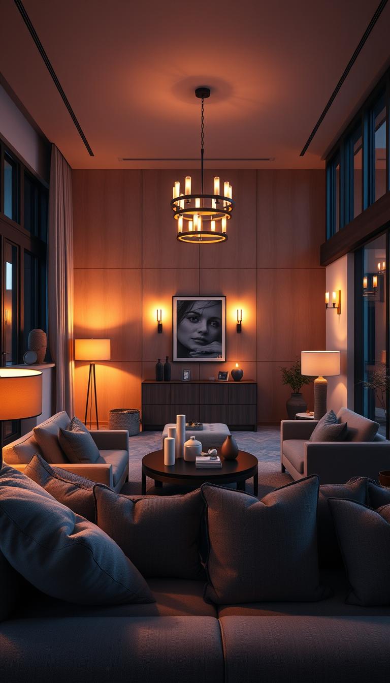 A cozy living room and bedroom hybrid designed for comfort and relaxation, showcasing effective lighting layers. In the foreground, a plush sofa with soft pillows illuminated by warm, ambient lighting from stylish floor lamps. In the middle, an elegantly arranged coffee table with decorative items, surrounded by well-placed table lamps providing task lighting. The background features a soft glow from wall sconces and a chic, modern ceiling pendant light, accentuating a serene atmosphere. Large windows allow natural light to filter in, creating a blend of daylight and evening ambiance. The scene captures a harmonious transition from lounging to sleeping, emphasizing the peaceful mood with a warm color palette and inviting shadows. The image should be photorealistic, highlighting rich textures and high-definition details.