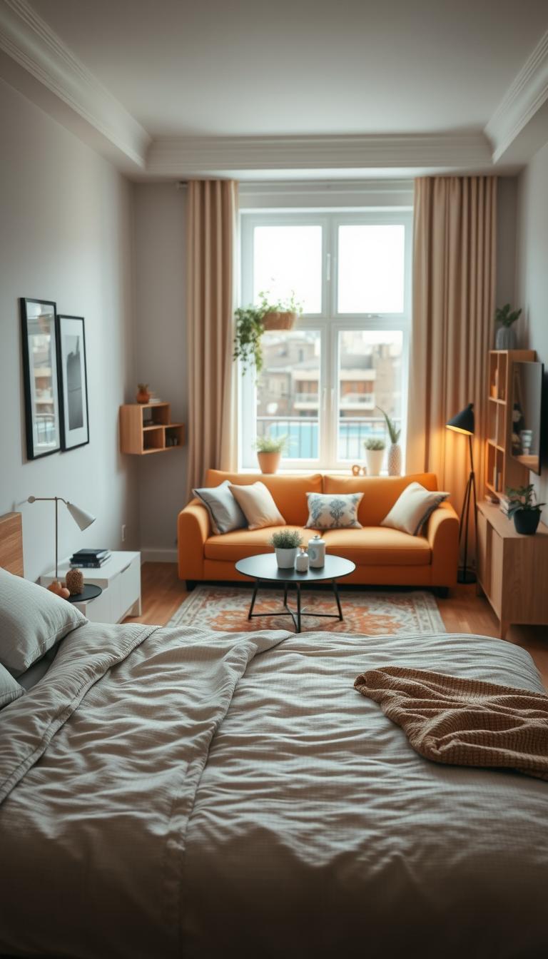 A cozy living room combined with a stylish bedroom layout in a small studio apartment. In the foreground, a neatly made bed with soft, textured bedding, positioned against a wall. Side tables with tasteful decor flank the bed, creating a seamless transition into a living space. In the middle ground, a welcoming sofa in a warm color, adorned with plush cushions, faces a small coffee table. A decorative rug anchors the space, adding warmth and comfort. In the background, a window lets in soft, natural light, illuminating potted plants and a minimalist bookshelf. The scene is captured from a slightly elevated angle, providing depth. The atmosphere is serene and inviting, perfect for showcasing modern compact living design. High-definition and photorealistic details enhance the inviting ambiance.