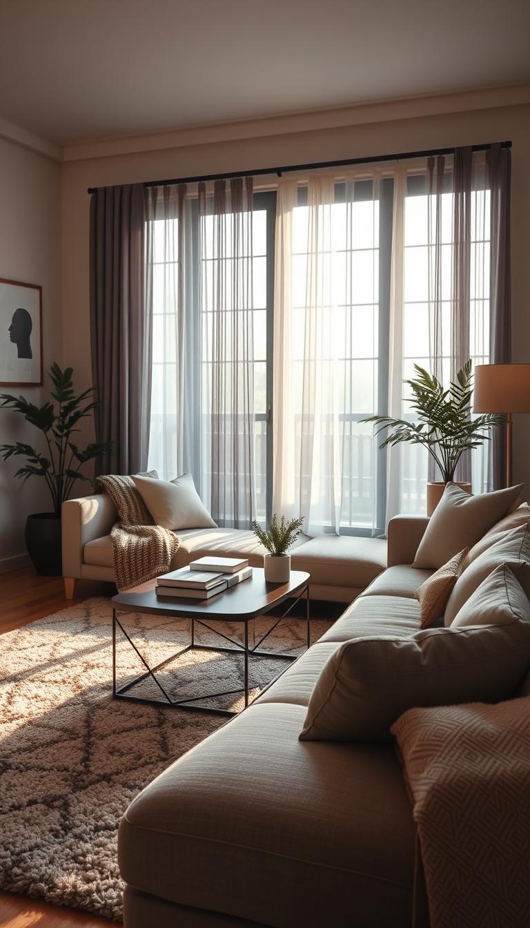 A cozy living room featuring a stylish sofa bed in a warm, inviting setting. In the foreground, the sofa bed is elegantly dressed with soft, neutral-toned cushions and a textured throw blanket, inviting relaxation. The middle ground showcases a tasteful coffee table adorned with a decorative plant and a couple of books, while a plush area rug anchors the space. In the background, large windows allow natural light to filter through sheer curtains, illuminating the room with a soft glow. The walls are adorned with subtle artwork, adding to the aesthetic. The mood is tranquil and serene, perfect for both lounging and hosting guests. Photorealistic details highlight the textures of the fabrics and the warm color palette. Shot from a slightly elevated angle to capture the room’s layout effectively.