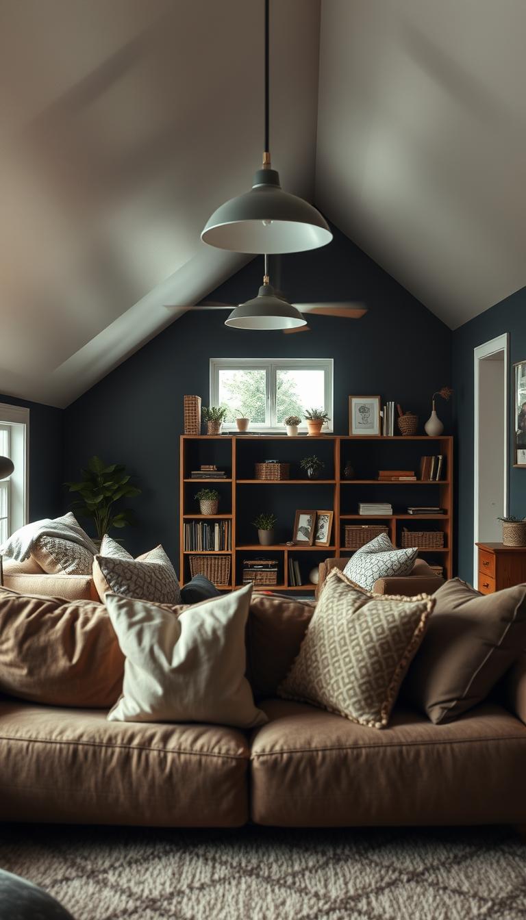 A cozy living room with a slanted ceiling, showcasing common mistakes in decor for such spaces. In the foreground, an oversized couch impedes the flow, with mismatched throw pillows creating clutter. The middle ground features haphazardly placed shelving that clashes with the room's angles, while a large, low-hanging light fixture disrupts sightlines. The walls are painted a dark color, making the room feel confined. In the background, a small window reveals outside greenery, suggesting a lack of natural light. The atmosphere is one of confusion, with poor furniture arrangement. Soft, diffused lighting highlights the problems, capturing the interior space from a slightly elevated angle, emphasizing the slanted ceiling's impact. The image should be photorealistic and high definition, evoking a sense of practical learning from design errors.