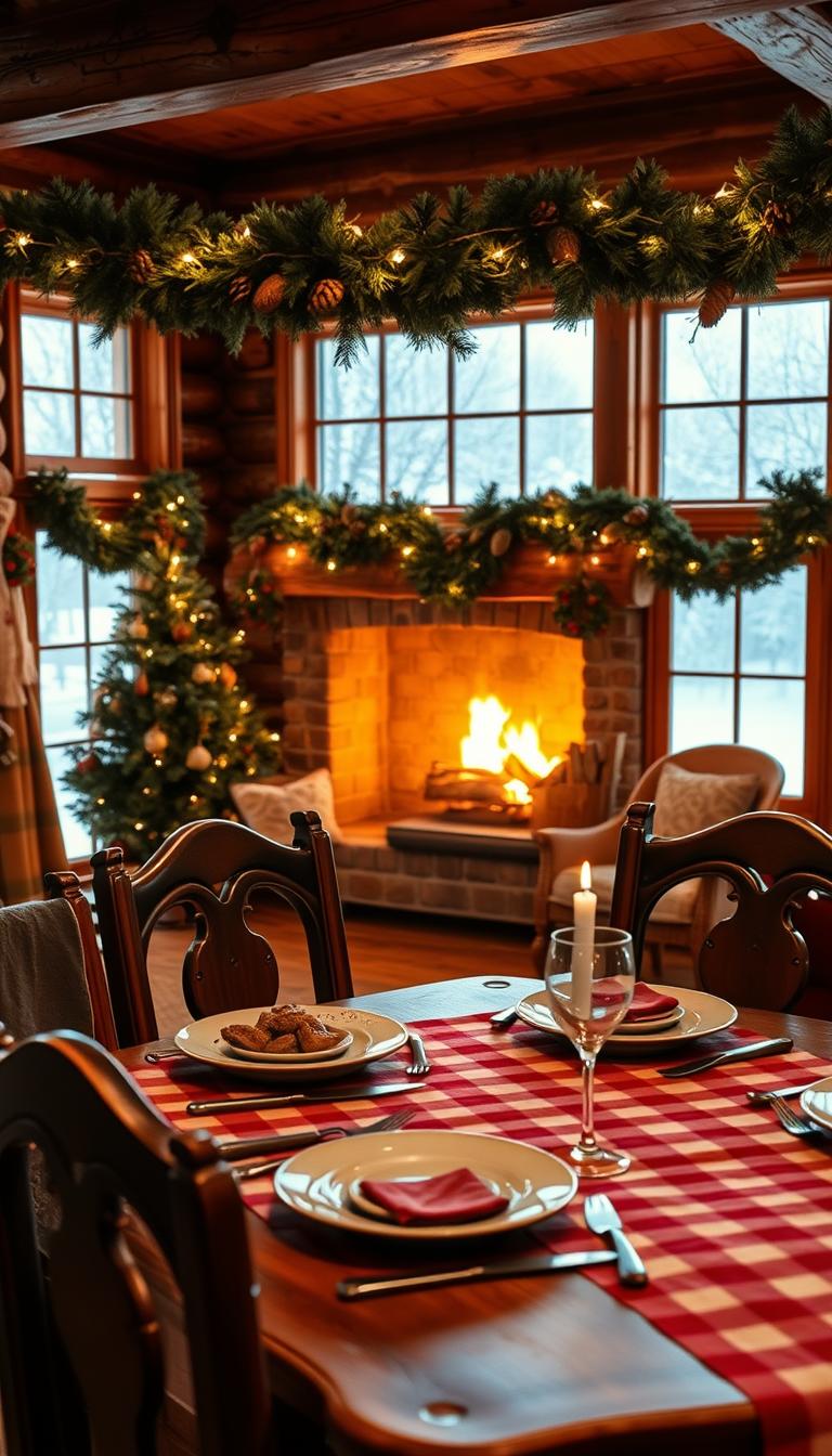 A cozy log cabin dining scene set for a festive holiday meal. In the foreground, a rustic wooden table adorned with a red and white checkered tablecloth, gleaming silverware, and elegantly arranged plates featuring seasonal dishes. Surrounding the table are beautifully crafted wooden chairs, each draped with a soft, warm blanket. The middle ground showcases a glowing fireplace, its flames flickering, casting a warm golden hue throughout the room. Decorative garlands hung with pinecones and twinkling lights wrap around wooden beams. The background reveals large windows with frosted panes framing a snowy landscape outside, hinting at the winter wonderland beyond. The lighting is soft and inviting, creating a harmonious and festive atmosphere perfect for a holiday gathering.