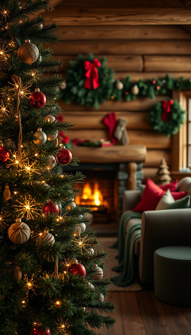 A cozy log cabin interior during Christmas, featuring a beautifully decorated evergreen tree adorned with twinkling lights and rustic ornaments in the foreground. In the middle, a warm hearth crackles with a glowing fire, surrounded by comfortable textiles such as knitted blankets and festive pillows in red and green hues. The background offers a glimpse of wooden walls adorned with seasonal decorations like garlands and wreaths, creating an inviting atmosphere. Soft, diffused lighting enhances the warmth of the scene, evoking a sense of comfort and holiday cheer. Capture this inviting moment with a gentle lens perspective that invites the viewer into the heart of a festive cabin retreat, rendered in photorealistic high definition.