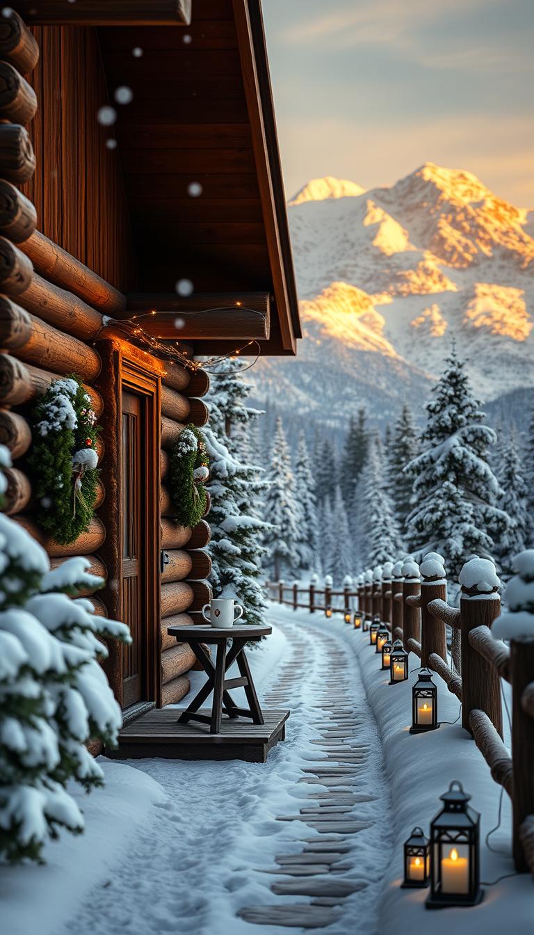 A cozy log cabin nestled in a serene winter landscape, surrounded by snow-covered pine trees. In the foreground, a rustic wooden porch adorned with festive wreaths and twinkling fairy lights invites warmth and comfort. A steaming mug on a small table hints at cozy gatherings, while snowflakes gently fall around. The middle ground features a path lined with lanterns leading to the cabin door, creating an inviting ambiance. In the background, majestic mountains tower over the scene, their peaks glistening in the soft, golden light of the late afternoon sun. The overall mood is cheerful and serene, capturing the essence of a perfect winter setting that feels both magical and homey.