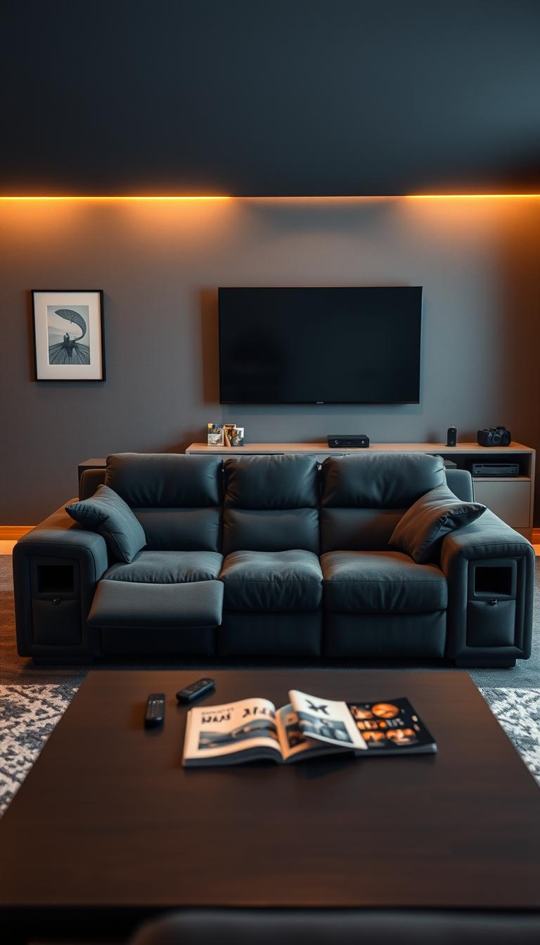 A cozy man cave featuring a luxurious reclining couch at its center, upholstered in soft, dark grey fabric. The couch has integrated storage compartments on the sides, with a sleek modern design that combines comfort with functionality. In the foreground, a stylish coffee table holds remote controls and a few magazines. The middle ground showcases the couch against a dimly lit wall adorned with framed art and ambient LED strips enhancing the atmosphere. In the background, a large flat-screen TV is mounted above a minimalist media console filled with tech gadgets. Soft, warm lighting creates an inviting mood, suggesting relaxation and leisure. The perspective is from a slightly elevated angle, emphasizing the couch as the focal point, making it the perfect embodiment of comfort in a man cave setting.