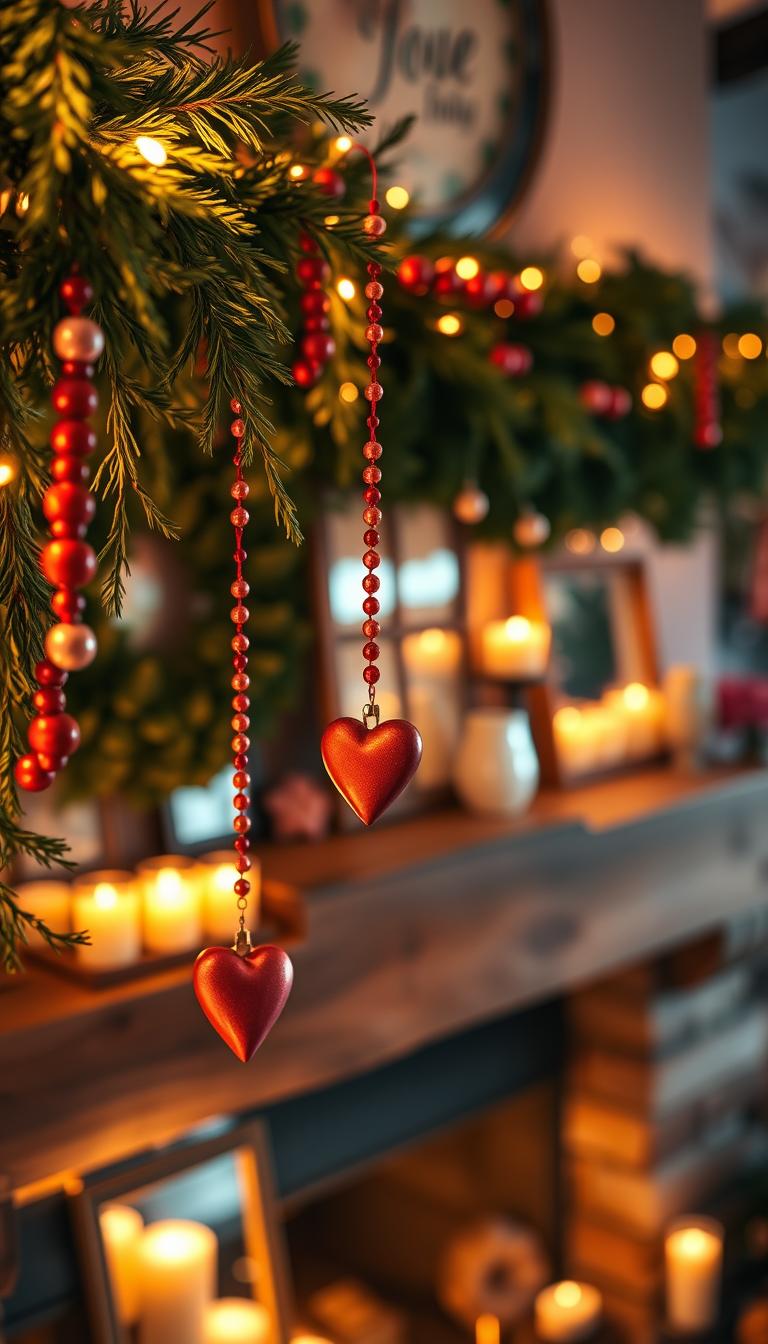 A cozy mantel decorated for Valentine's Day, featuring a lush green garland intertwined with soft red and pink beads. In the foreground, delicate heart-shaped ornaments hang from the garland, glistening in the warm, soft golden lights. The middle ground showcases a rustic wooden mantel adorned with framed mirrors that reflect the ambient light, enhancing the inviting atmosphere. Behind, a softly blurred background reveals a warmly lit room with flickering candles and subtle floral accents. The lighting is warm and inviting, creating a serene and romantic ambiance. The scene captures the essence of a charming and cozy setup, perfect for celebrating love and togetherness in an elegant, photorealistic style.