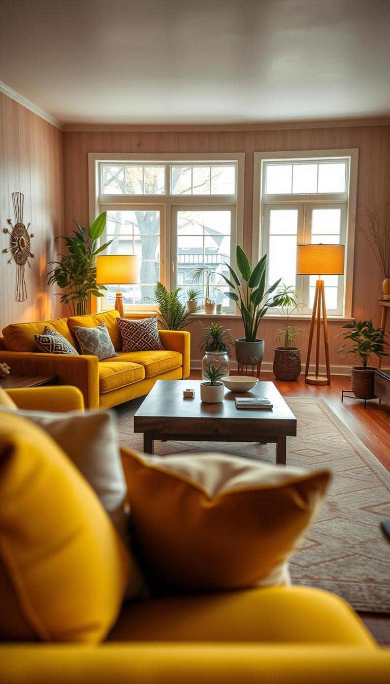 A cozy, midcentury-modern living room awash in rich mustard yellow, showcasing plush furnishings and accent decor. The foreground features a velvet mustard yellow sofa adorned with patterned cushions, complemented by a sleek walnut coffee table. The middle ground includes a stylish area rug with geometric designs and a decorative floor lamp casting warm, inviting light. In the background, large windows let in soft natural light, illuminating the light wood walls and showcasing indoor plants that add a touch of life to the space. The overall atmosphere is inviting and cheerful, perfect for relaxation. Capture this scene in photorealistic detail with vivid colors and high definition, using a wide-angle lens to emphasize the warm glow and cozy ambiance.