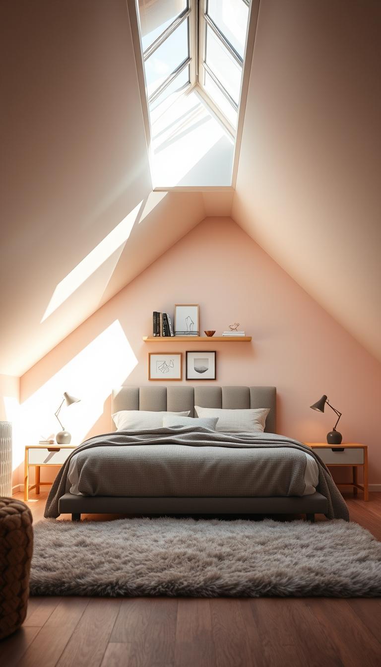 A cozy, modern bedroom featuring a bed against a sloped ceiling, positioned to maximize space under the incline. The bed has a stylish headboard and neutral-toned bedding, complemented by two minimalist nightstands on either side. Warm, diffused natural light pours in from a large skylight above, creating a tranquil atmosphere. In the background, soft pastel walls and a well-placed shelf display decor and books. A plush area rug anchors the space, providing comfort underfoot. The lens captures the scene from a low angle, emphasizing the ceiling's unique lines while showcasing the functional layout. The overall mood is inviting and serene, ideal for maximizing comfort and aesthetics in a sloped ceiling environment.