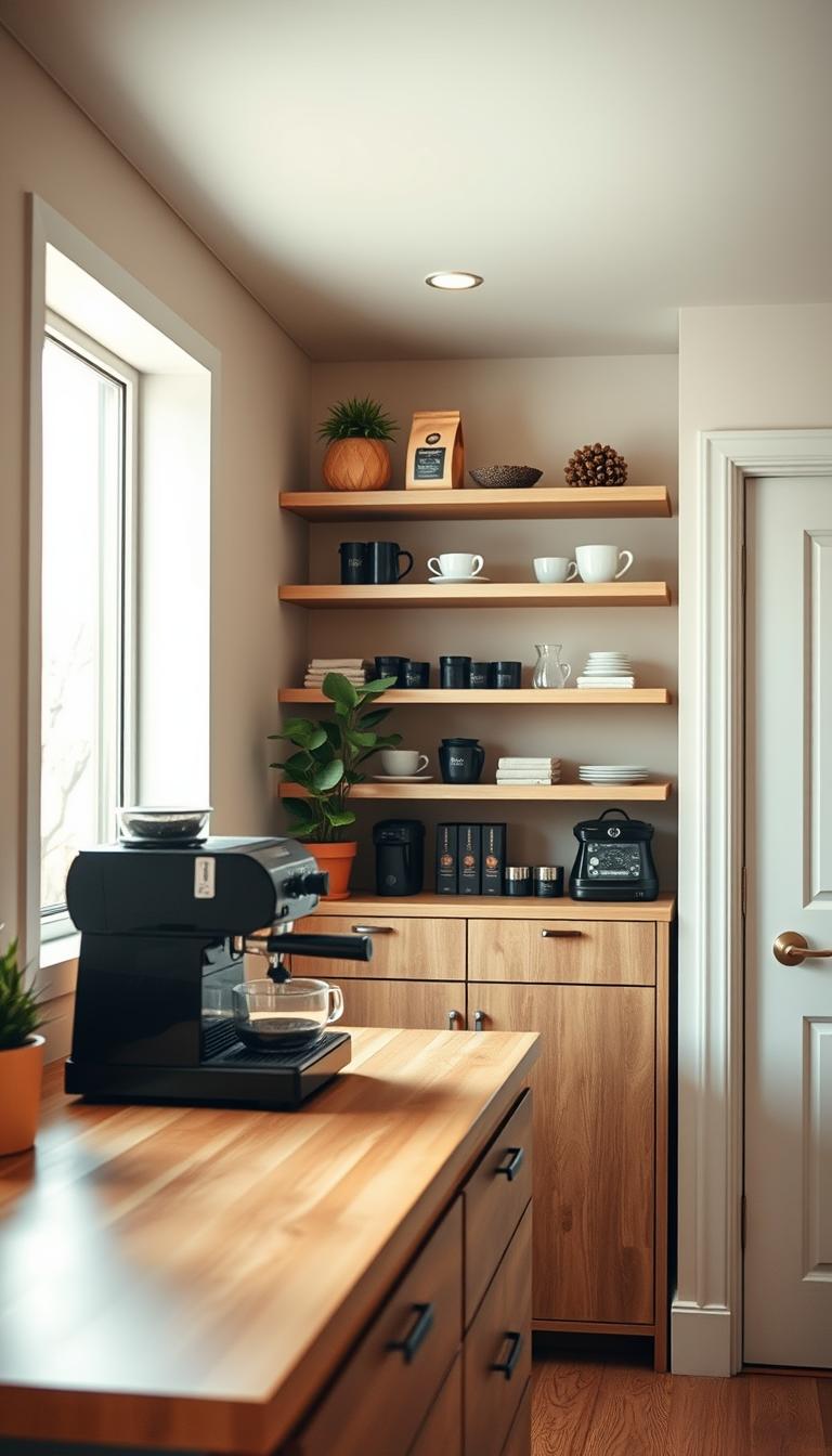 A cozy, modern coffee bar in a compact space, featuring sleek, minimalist design elements. In the foreground, a polished wooden countertop showcases an espresso machine, a pour-over setup, and various coffee accessories organized neatly. The middle ground includes stylish open shelves adorned with artisanal coffee bags, elegant mugs, and a potted plant, adding a touch of greenery. In the background, a large window lets in soft, natural light, illuminating the warm color palette of the room, with softly painted walls and light hardwood floors. Capture this scene with a shallow depth of field for a focused view on the coffee bar, creating a tranquil and inviting atmosphere perfect for a calming morning routine. The image should be photorealistic and high definition, emphasizing the functional elegance of a space-saving coffee bar.