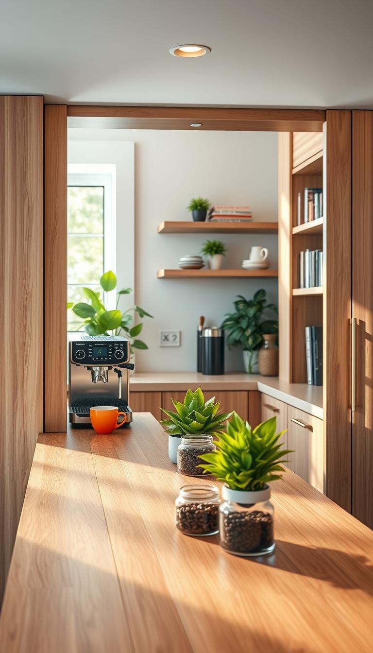 A cozy modern coffee bar tucked away in a stylish kitchen, featuring pocket or lift-up doors that seamlessly blend into the cabinetry. The foreground showcases a sleek countertop made of fine-grained wood, adorned with a high-end espresso machine, a set of colorful coffee mugs, and an assortment of fresh coffee beans in elegant jars. In the middle, vibrant green potted plants add a touch of nature, while soft light streams in from a nearby window, creating a warm and inviting atmosphere. The background reveals minimalist shelves neatly arranged with decorative items and coffee books, enhancing the coffee bar's modern appeal. The image should be photorealistic, capturing fine details with soft focus, showcasing a tranquil and calming morning ambiance.