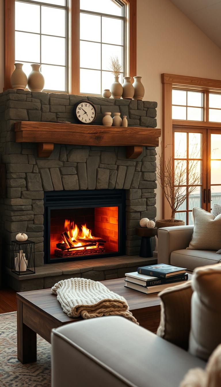 A cozy modern farmhouse fireplace as the focal point of a warm living room. In the foreground, a softly glowing fire crackles, illuminating the intricate, textured stone mantel in muted greens, soft neutrals, and rich, moody blacks. Decorative elements like a vintage clock and ceramic vases rest on the mantel, thoughtfully arranged. In the middle ground, a rustic wooden coffee table adorned with a plush, knitted throw and a few artfully placed books adds warmth. The background features cozy seating, with plush, neutral-toned cushions, and a subtle wood paneling reflecting a farmhouse aesthetic. Golden hour sunlight filters through large windows, casting a soft glow over the scene, creating an inviting atmosphere perfect for relaxation.
