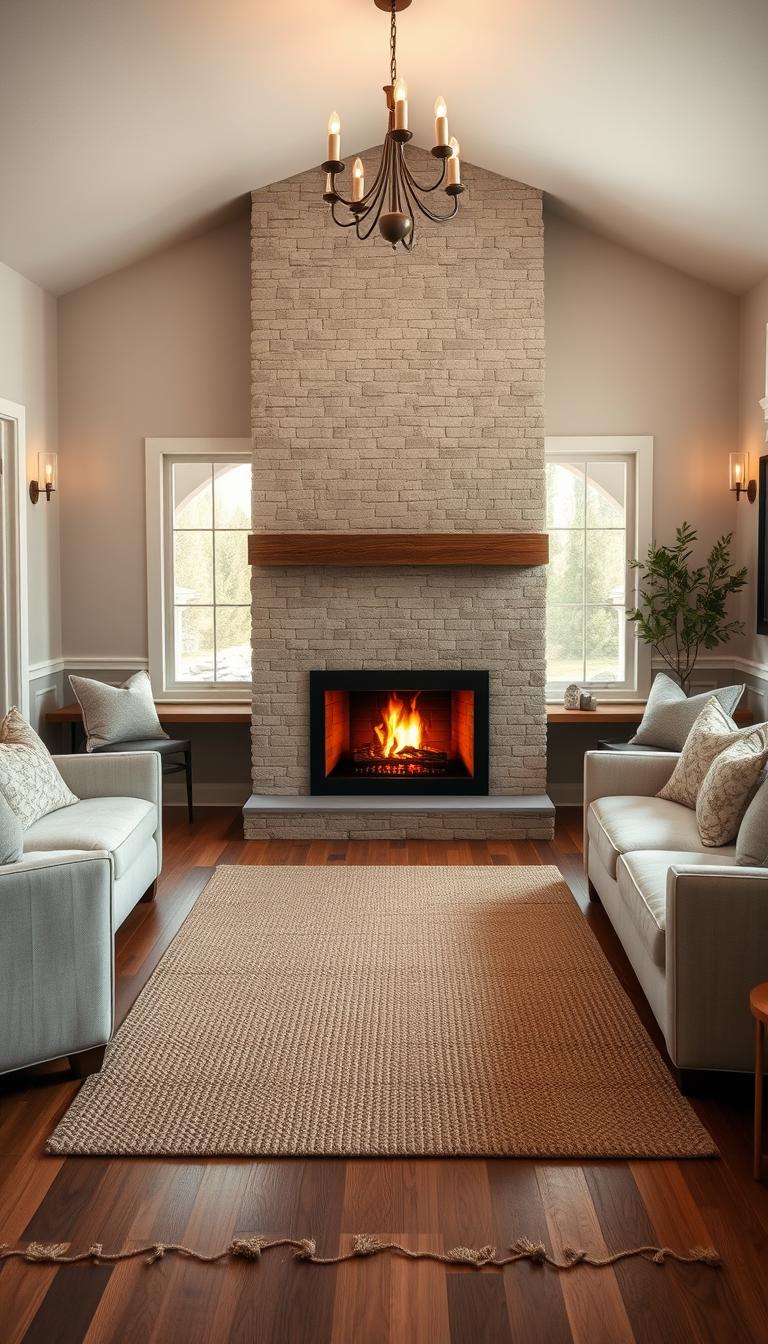 A cozy modern farmhouse fireplace is the focal point of a warm living space. In the foreground, a sleek, stone fireplace with a rustic wooden mantel showcases a crackling fire, casting a soft glow. Surrounding the fireplace, comfortable seating with plush cushions is arranged thoughtfully, inviting relaxation. The middle of the room features a stylish, woven area rug on hardwood floors, complementing a neutral color palette with shades of white, beige, and soft greys. Large windows in the background allow natural light to filter in, enhancing the inviting atmosphere. Soft, ambient lighting from sconces and a chandelier above adds to the warmth. This scene captures the essence of modern farmhouse design, emphasizing comfort, style, and a sense of home. The overall mood is serene and inviting, perfect for cozy gatherings. Photorealistic, high-definition quality.
