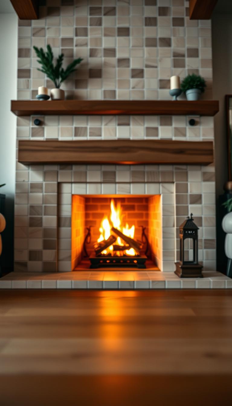 A cozy modern farmhouse fireplace surrounded by elegant tile work. In the foreground, showcase a beautifully crafted tile surround featuring a geometric pattern in soft earth tones, emphasizing herringbone and reclaimed tile accents. The middle ground features a warm, flickering fire set within the fireplace, casting a gentle glow that enhances the textures of the tiles. In the background, include rustic wood beams and a tastefully decorated mantel adorned with small potted plants and candles for a homey touch. The lighting should be soft and inviting, evoking a sense of warmth and relaxation. Capture this scene from a slightly elevated angle, with a depth of field that highlights the tile details sharp in focus while the surrounding space is softly blurred, creating an intimate atmosphere.