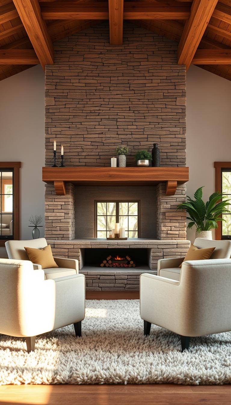 A cozy, modern farmhouse living space featuring a stunning stone fireplace as the central focal point. The fireplace boasts a rustic stone facade, with natural textures and earthy tones that blend seamlessly with warm wooden beams overhead. In the foreground, a plush woolen rug and two stylish armchairs invite relaxation, while the middle layer showcases the sleek stone mantle adorned with decorative plants and candles, creating an inviting atmosphere. The background reveals a softly lit room with large windows, allowing natural light to flood in, enhancing the warm, welcoming vibe. Capture this scene with a wide-angle lens to emphasize the depth and texture, utilizing soft, ambient lighting for a serene and inviting ambiance. The image should evoke a sense of comfort and style, showcasing a perfect balance of stone, brick, and wood elements.