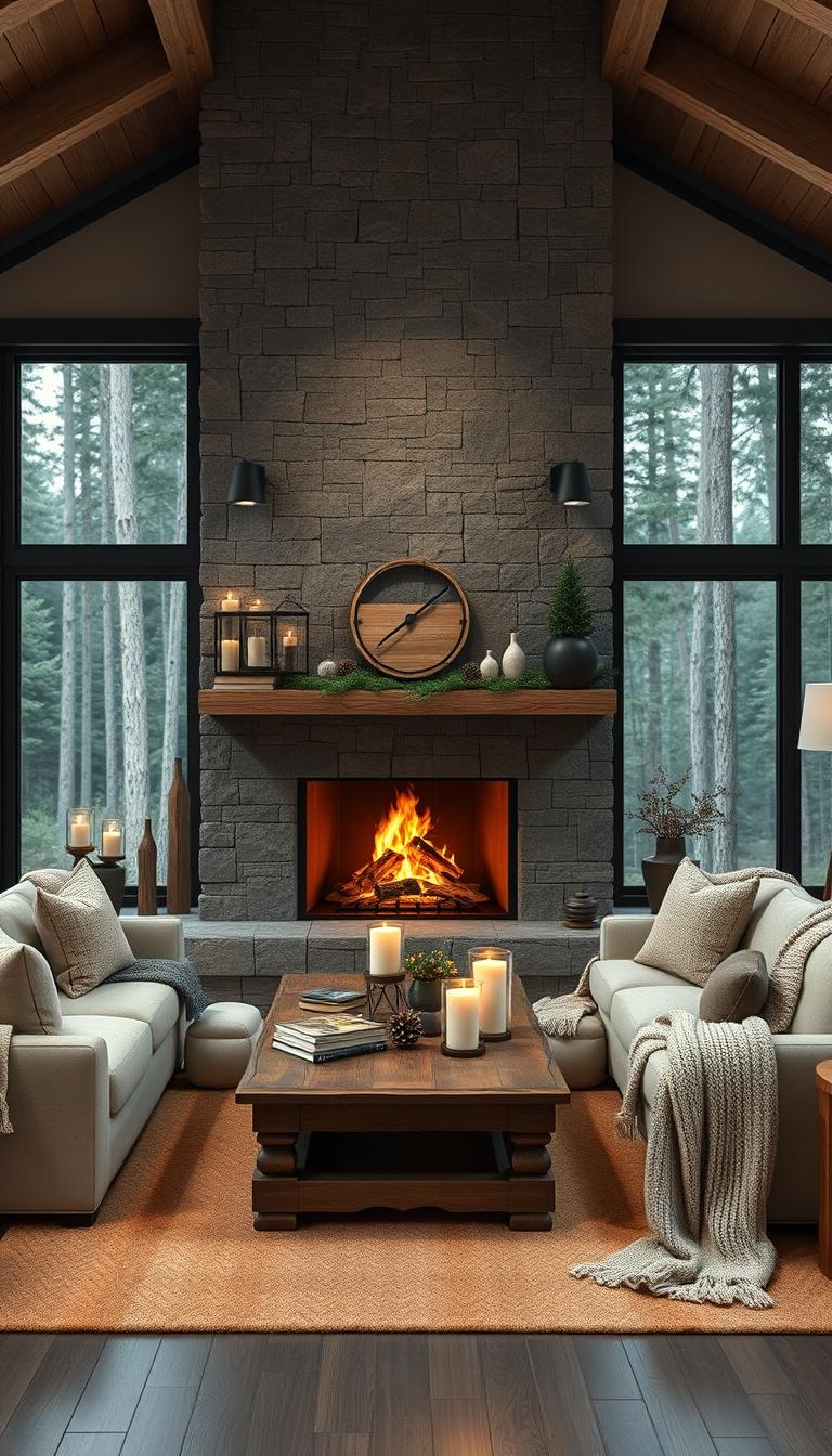 A cozy modern rustic living room centered around a stunning fireplace. In the foreground, a large stone fireplace with a warm, crackling fire glows gently, surrounded by rustic wooden logs and pinecones. The mantle is adorned with greenery, lanterns, and minimalist decor. In the middle, a plush, oversized sofa with neutral tones is arranged around a rustic wooden coffee table, with knitted blankets and candles creating a welcoming atmosphere. The background features large windows revealing a serene forest view, letting in soft, natural light that accentuates the warm, inviting tones of the room. The scene captures a tranquil and comfortable ambiance, encouraging relaxation and togetherness in this stylish space. Photorealistic and high definition.