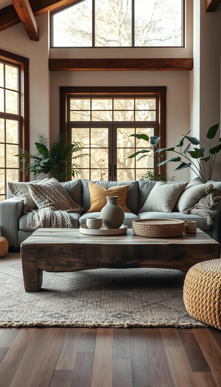 A cozy modern rustic living room, emphasizing rich textures and organic shapes. In the foreground, a plush, oversized fabric sofa with knitted throw blankets and a variety of tactile cushions. A reclaimed wood coffee table with visible grain and imperfections rests in front, adorned with decorative elements like a ceramic vase and a soft, woven basket. The middle ground features an area rug with intricate patterns, enhancing warmth. In the background, large windows allow soft, golden sunlight to pour in, illuminating the space. Live plants with lush greenery add life and vibrancy, contrasting against neutral walls. The atmosphere exudes comfort and warmth, inviting viewers to imagine a serene retreat. Photorealistic quality, taken with a wide-angle lens to capture the full essence of the room.