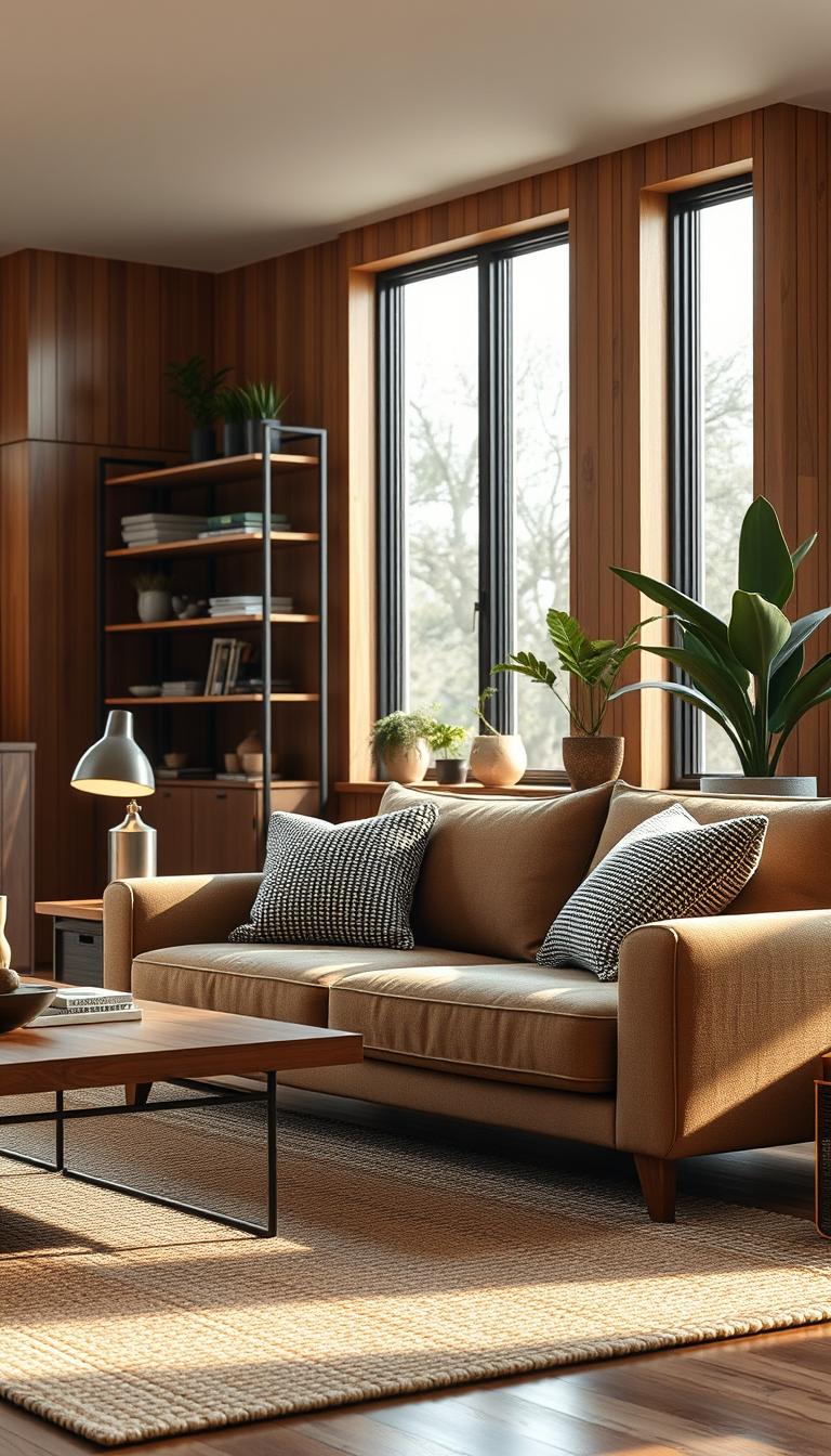 A cozy modern rustic living room featuring a blend of form and function. In the foreground, a plush, earth-toned sofa adorned with textured cushions sits comfortably on a handwoven area rug. To the left, a sleek wooden coffee table complements the natural aesthetic, while a metal lamp provides soft, warm light. The middle area showcases a minimalist bookshelf filled with curated decor pieces and potted plants for a touch of greenery. In the background, tall windows allow soft, natural light to filter in, illuminating accent walls with wooden paneling. The overall atmosphere is inviting and serene, with an emphasis on comfort and stylish simplicity. Photorealistic, high-definition image captured from a slightly elevated angle to enhance depth and perspective.