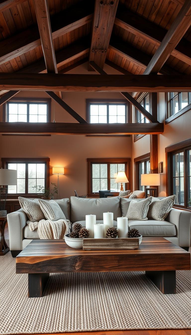 A cozy modern rustic living room featuring exposed wooden beams in the ceiling, lending character and warmth to the space. The foreground showcases a comfortable beige sectional sofa adorned with textured throw pillows and a soft knit blanket. In the middle, a rustic coffee table made from reclaimed wood holds a decorative bowl of pinecones and candles, while a woven area rug adds depth. In the background, large windows allow natural light to flood the room, illuminating the wooden beams and enhancing the earthy tones of the decor. A warm glow from strategically placed floor lamps invites a sense of relaxation. The scene captures a welcoming atmosphere, blending modern design with rustic elements, creating an authentic and inviting living space.