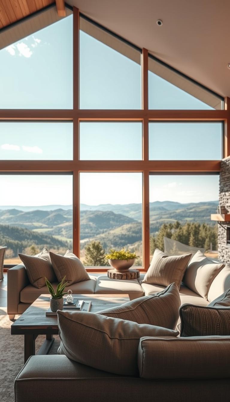 A cozy modern rustic living room featuring large floor-to-ceiling windows that showcase a breathtaking view of a serene landscape with rolling hills and lush greenery. In the foreground, a comfortable overstuffed sofa adorned with soft, textured pillows is positioned invitingly. There's a reclaimed wood coffee table with a few decorative items, such as a green plant and a stacked book. The middle ground includes a subtle fireplace set against a stone wall, providing warmth and character. The background reveals the expansive windows filled with natural light, casting soft shadows across the room. The scene is captured with a warm color palette, emphasizing a serene and inviting atmosphere through a slight vignette effect, enhancing the sense of coziness and connection to nature.