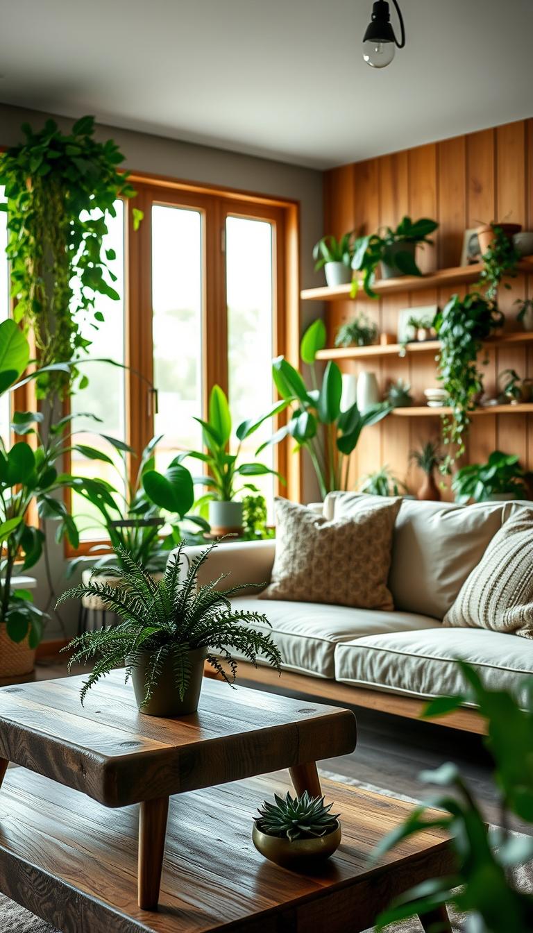 A cozy modern rustic living room filled with an abundance of greenery. In the foreground, a stylish wooden coffee table showcases a potted fern and a few delicate succulents. The middle ground features a plush, neutral-colored sofa adorned with soft, textured cushions, positioned next to large windows that flood the space with natural light. Lush indoor plants, including a tall fiddle leaf fig and cascading pothos, are strategically placed throughout the room, enhancing the organic feel. The background reveals a warm, wood-paneled wall with artfully arranged shelves displaying various plants and decorative items. The lighting is soft and inviting, creating a tranquil atmosphere, captured with a wide-angle lens to convey depth and spaciousness. The overall mood is serene and welcoming, perfect for a cozy home.