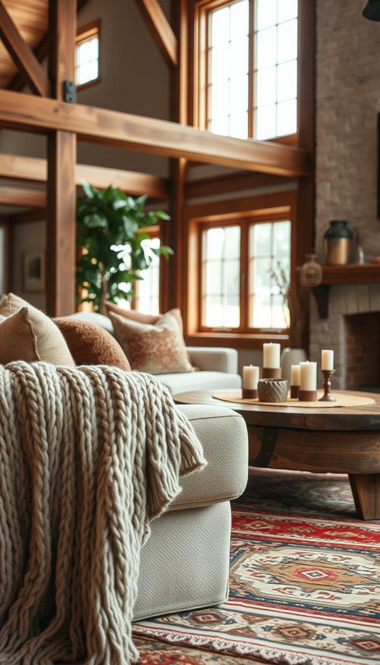 A cozy modern rustic living room showcasing essential textiles that add warmth. In the foreground, a plush knit blanket drapes over a soft, neutral-toned sofa adorned with patterned cushions in earthy tones. A rustic wooden coffee table features a woven textile runner and a few decorative candles. In the middle ground, a vibrant area rug with intricate designs anchors the seating area, while a tall potted plant adds a touch of greenery. The background features exposed wooden beams and a warm fireplace, exuding a welcoming ambiance. Soft, natural light filters in through large windows, creating a serene atmosphere. The image is captured with a shallow depth of field to emphasize the textiles, using a warm color palette that enhances the cozy feel of the space.