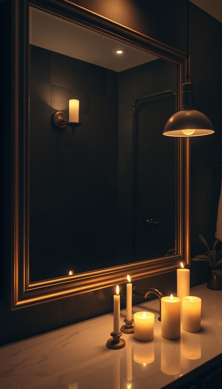 A cozy, moody bathroom scene featuring a large, elegantly framed mirror reflecting soft, ambient light. In the foreground, delicate candles flicker on a marble countertop, casting warm glows. The middle layer showcases layered lighting with vintage-style sconces and a modern pendant light, creating depth and visual interest. The background highlights soft shadowy walls adorned with textured tiles that enhance the feeling of tranquility. The atmosphere is serene and inviting, perfect for relaxation. The lighting should be dim yet warm, with a slight focus on the mirror’s reflections. Capture the essence of sophisticated design, emphasizing comfort and inspiration in this modern sanctuary.