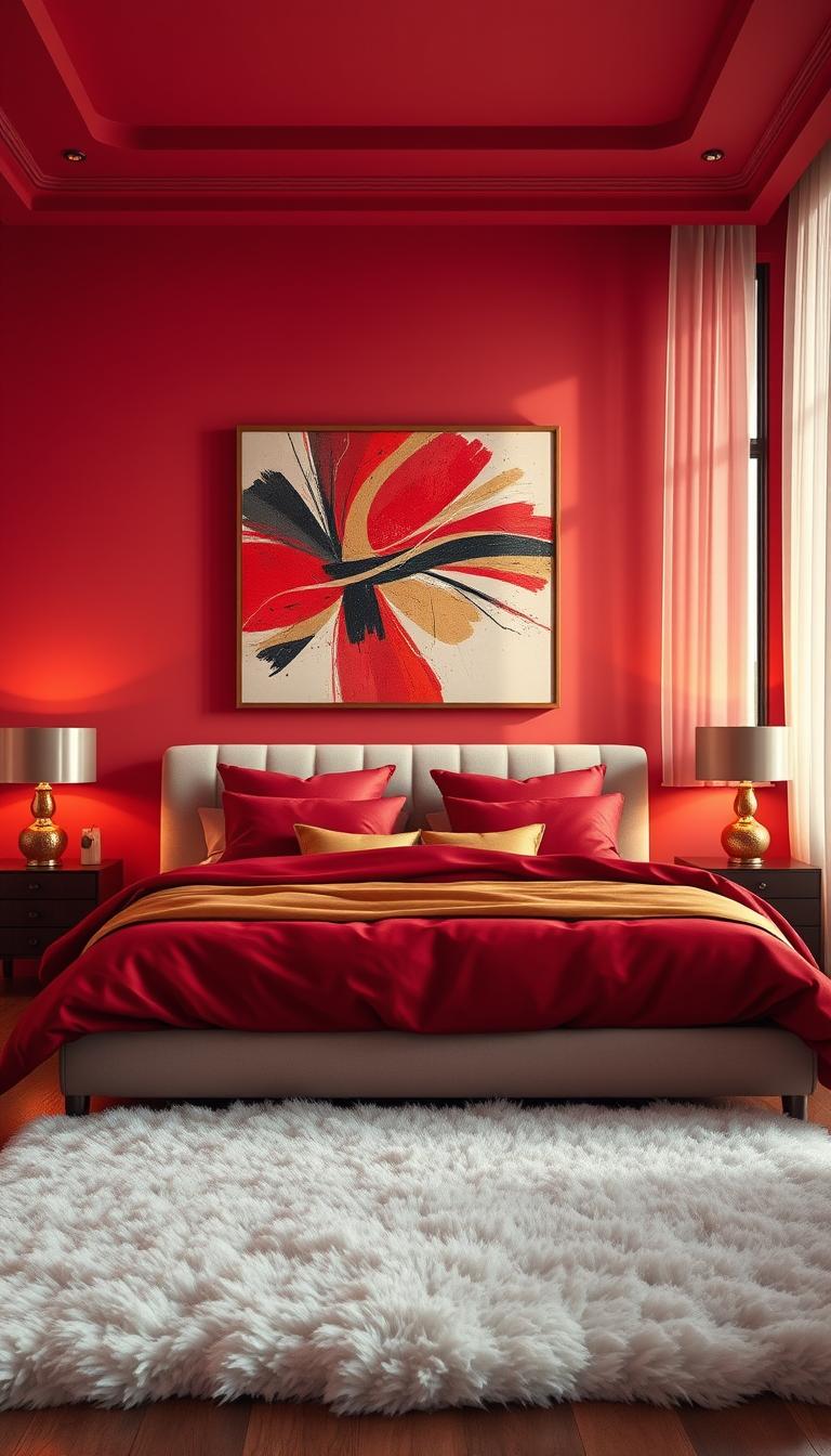 A cozy, photorealistic interior of a dream bedroom anchored in a rich red color palette. In the foreground, a stylish, modern bed with plush red and gold bedding invites relaxation. Beside the bed, elegant nightstands hold chic lamps casting a warm, inviting glow. The middle ground showcases a statement piece of art on the wall, featuring a bold abstract design in shades of red, gold, and black. Soft, layered textures, like a fluffy white rug and plush cushions, add depth. The background reveals a large window with sheer curtains, allowing natural light to flood the space and highlight the room's vibrant colors. The mood is warm and passionate, encouraging creativity and comfort in design.