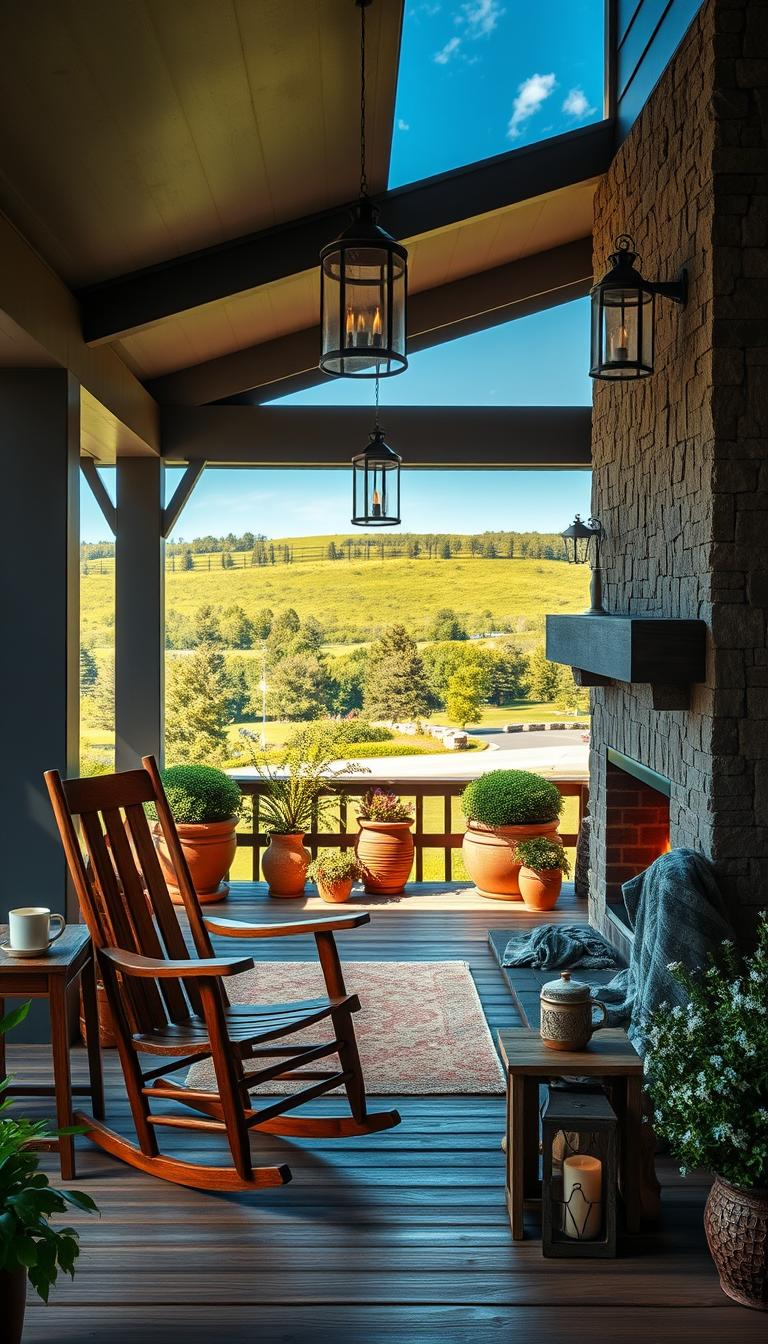 A cozy porch featuring a stunning modern farmhouse fireplace as the focal point. In the foreground, a rustic wooden rocking chair sits beside a small side table, adorned with a steaming mug. The fireplace, made of reclaimed stone, has a warm, inviting glow emanating from the flames, casting a soft light. In the middle, potted plants and cozy blankets enhance the inviting atmosphere, while lanterns hang gently from the overhead beams. The background showcases a lush green landscape under a clear blue sky, framing the serene scene. Soft, natural lighting highlights the textures and details, creating a tranquil, homey feel. The image is captured with a wide-angle lens to give a sense of depth, promoting a relaxed and welcoming ambiance.